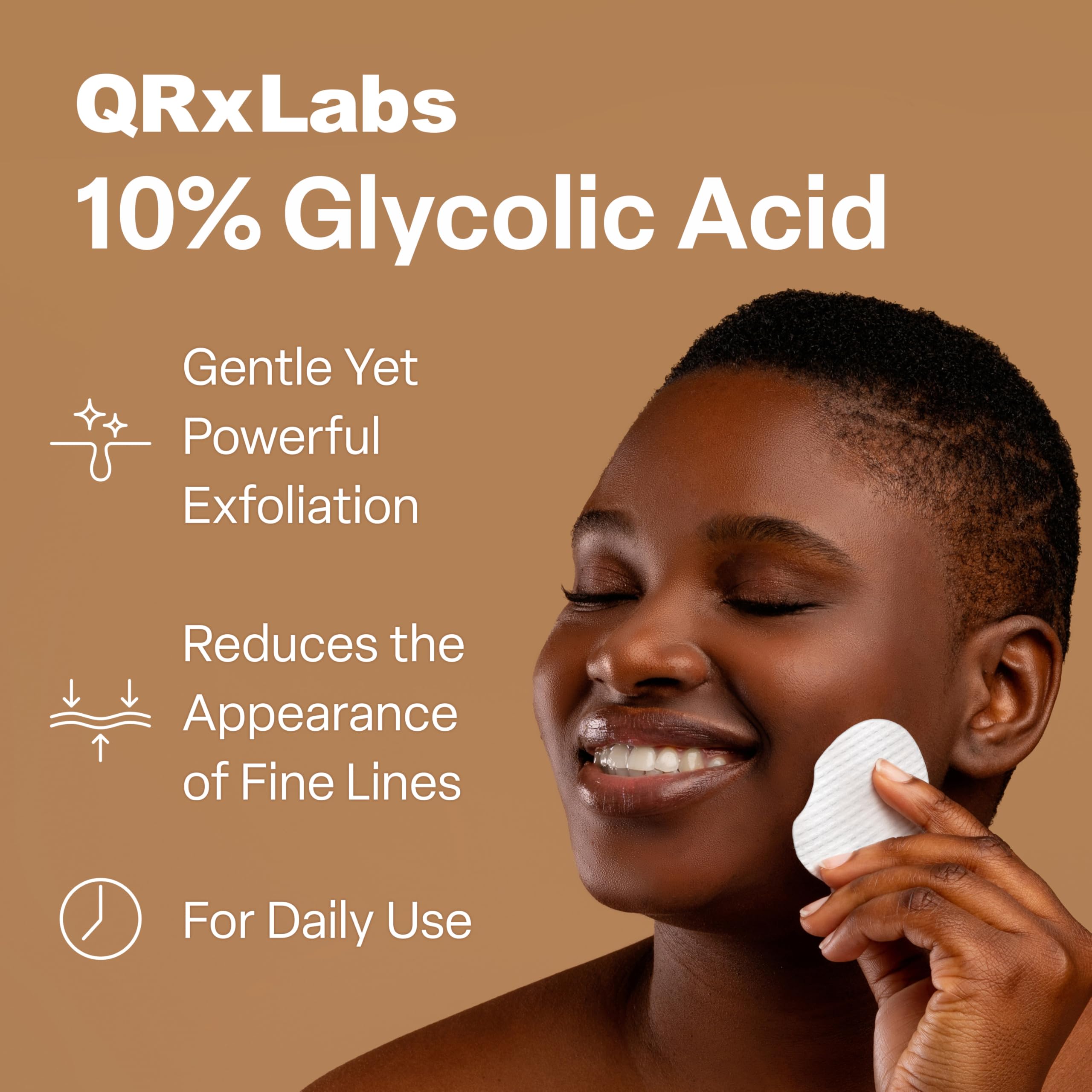 QRxLabs Glycolic Acid Pads textured pad closeup, even skin tone.
