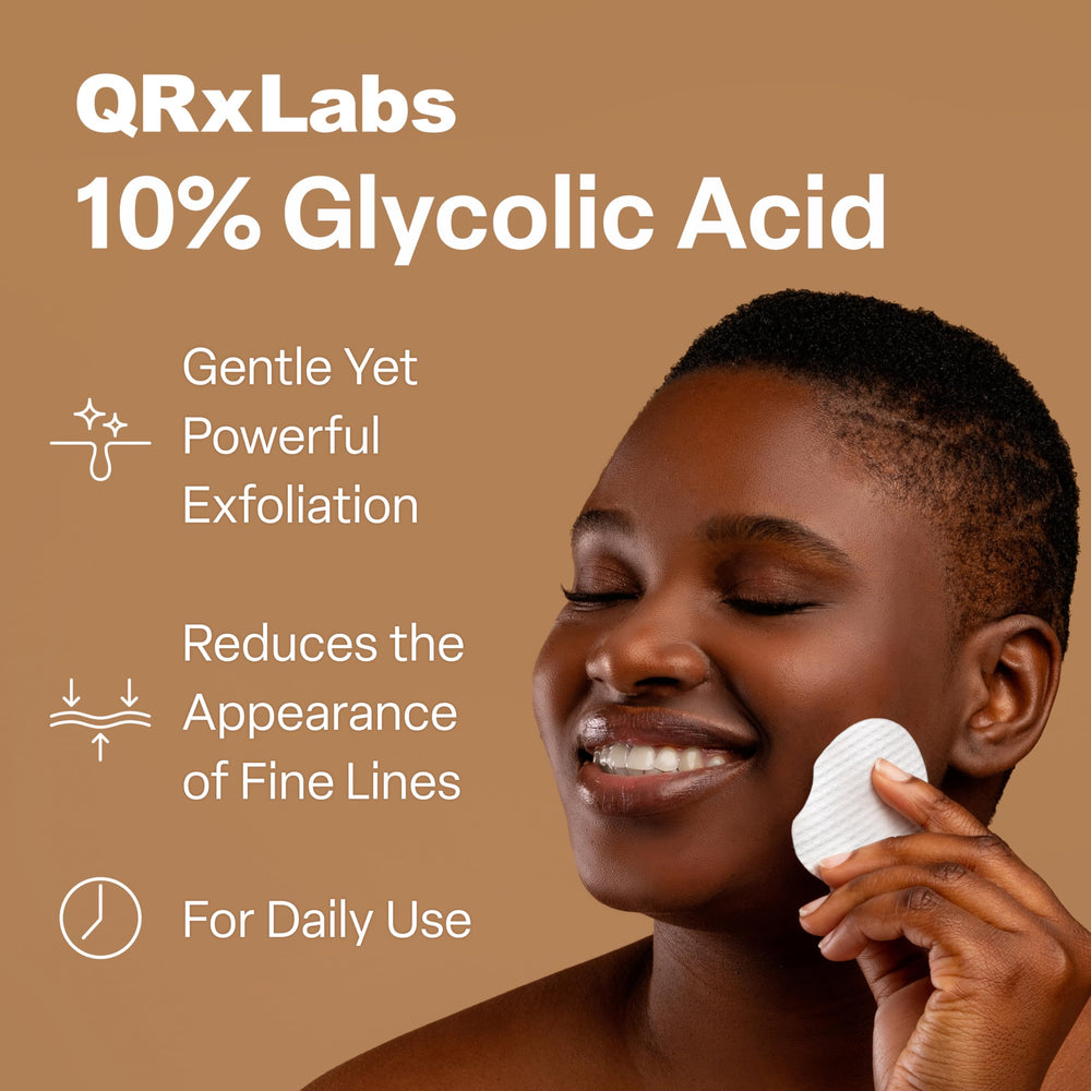 QRxLabs Glycolic Acid Pads textured pad closeup, even skin tone.