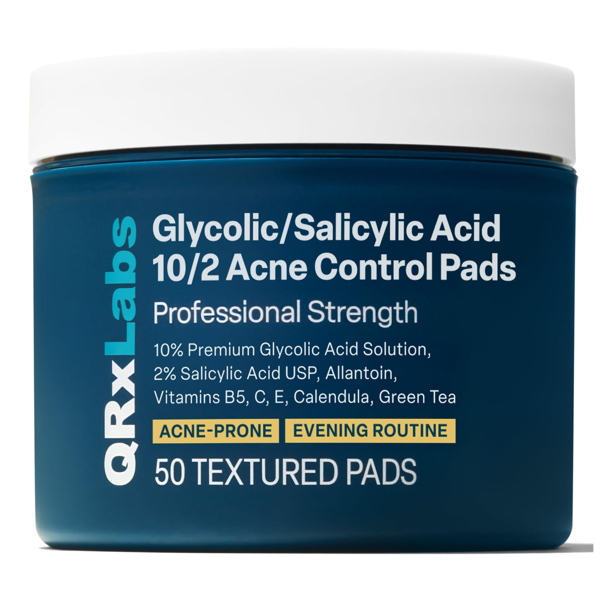 QRxLabs Salicylic & Glycolic Pads pack shot showing the full 50-count jar for daily use.