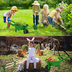 Qtioucp kid-sized shovel and rake ready for outdoor play.