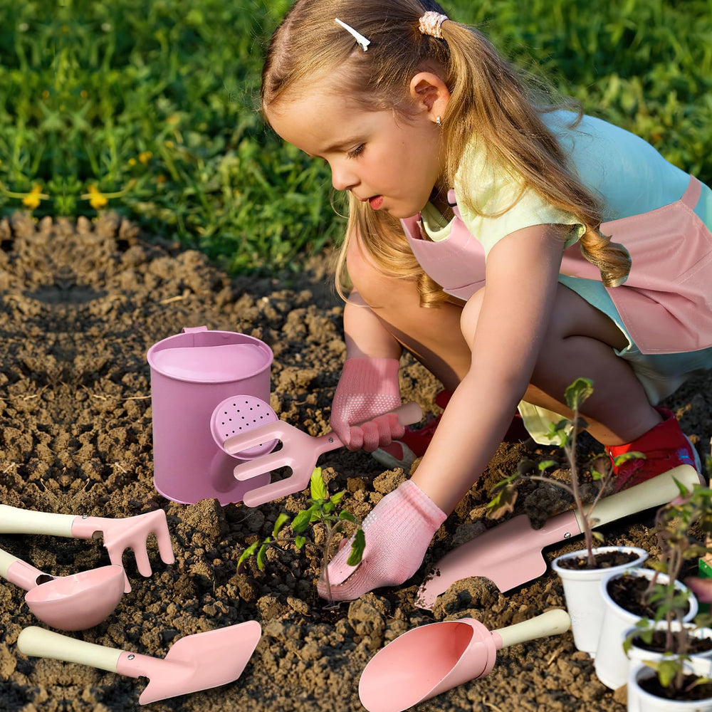 Qtioucp six-piece planting tools with wood handles for safe play.
