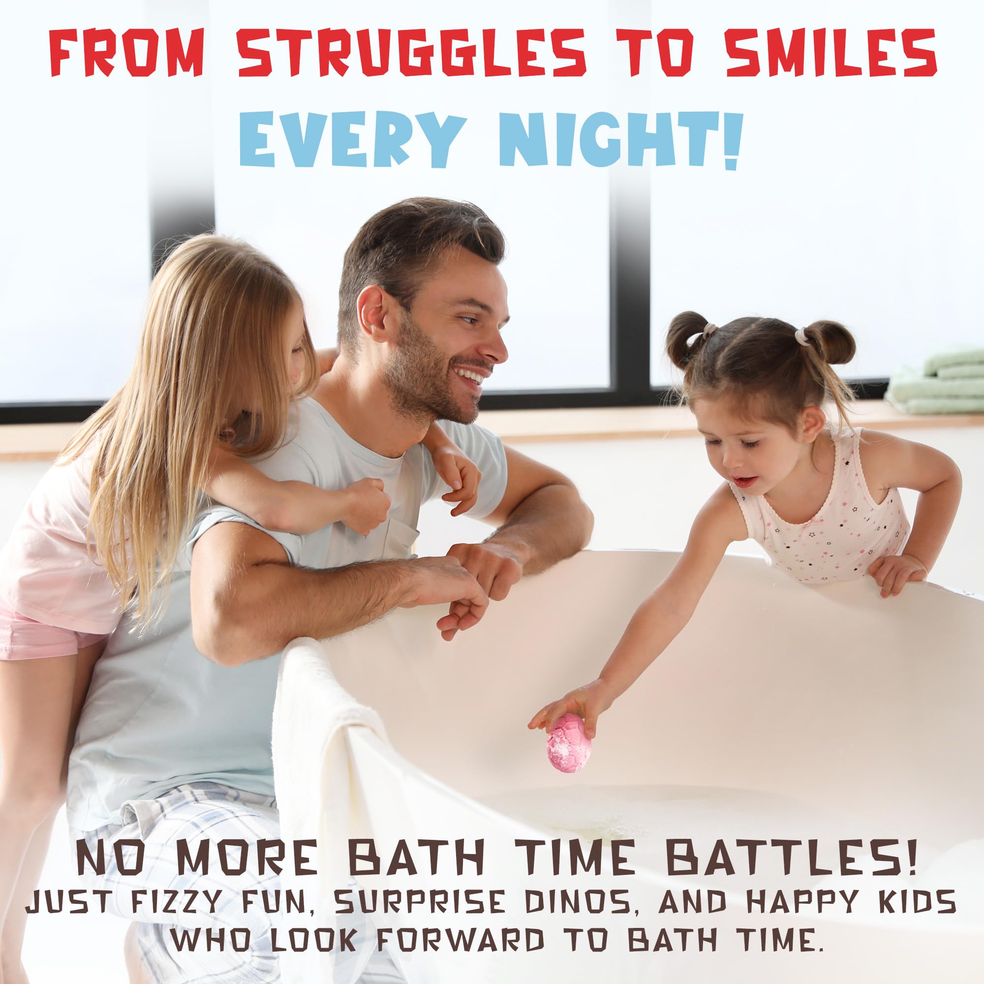 Child smiles after using Quack Quack Moo dino bath bombs.