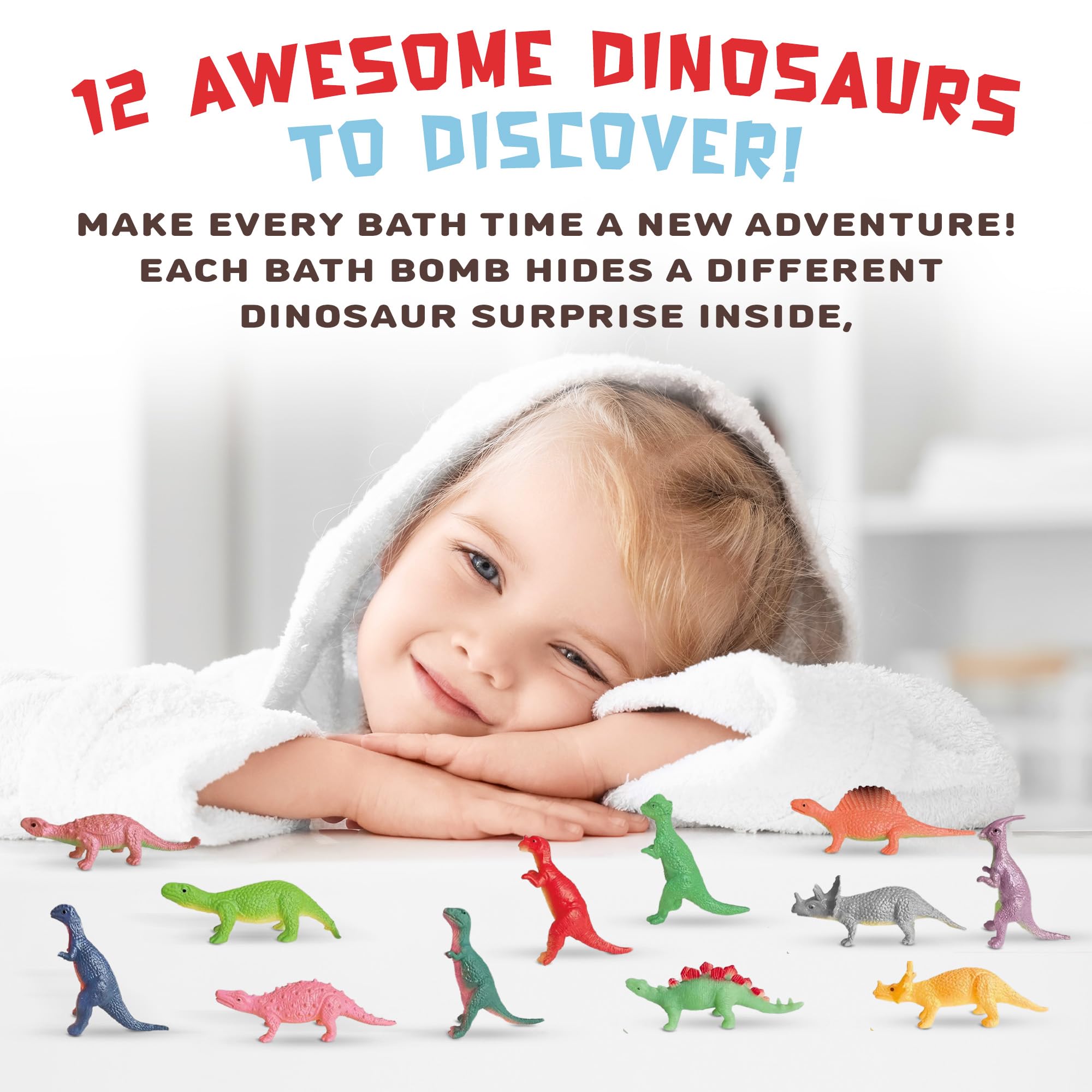 Dino toy reveal inside Quack Quack Moo bath bomb for kids.