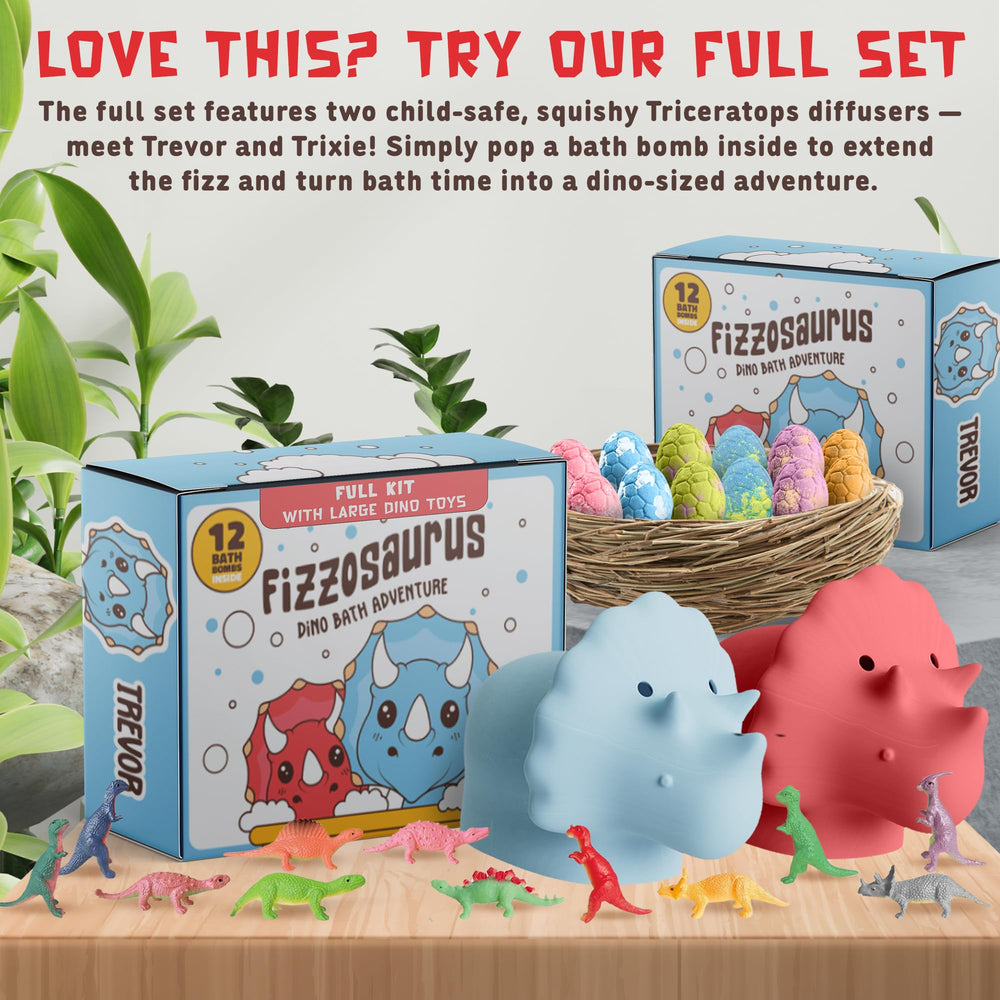 Gift-set display of Quack Quack Moo dino bath bombs for kids.