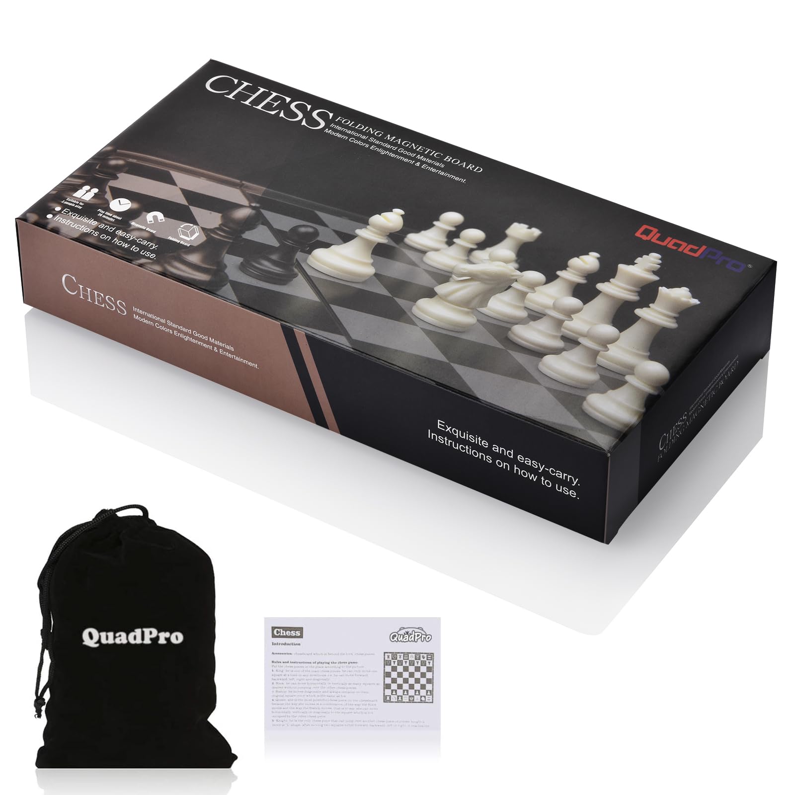 QuadPro chess set packaging box, gift-ready design for family and friends.
