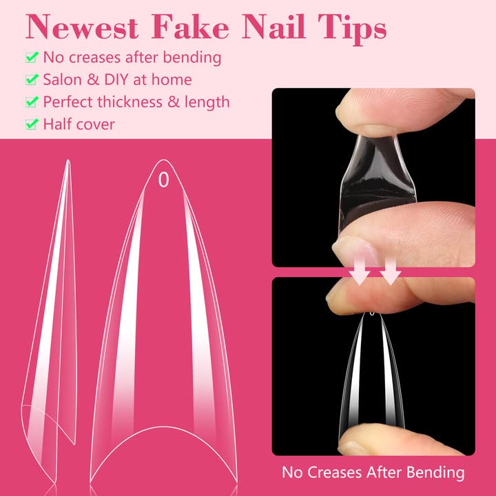 Quaferen half-cover clear nails ready to trim into coffin or almond shapes.