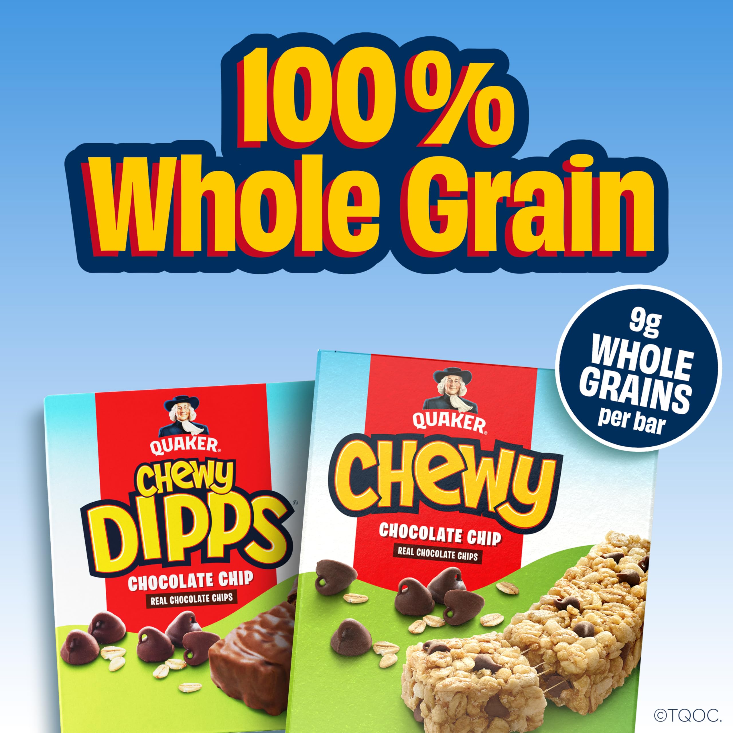 Quaker Chewy Granola Bars 18-pack box front showing two flavors.
