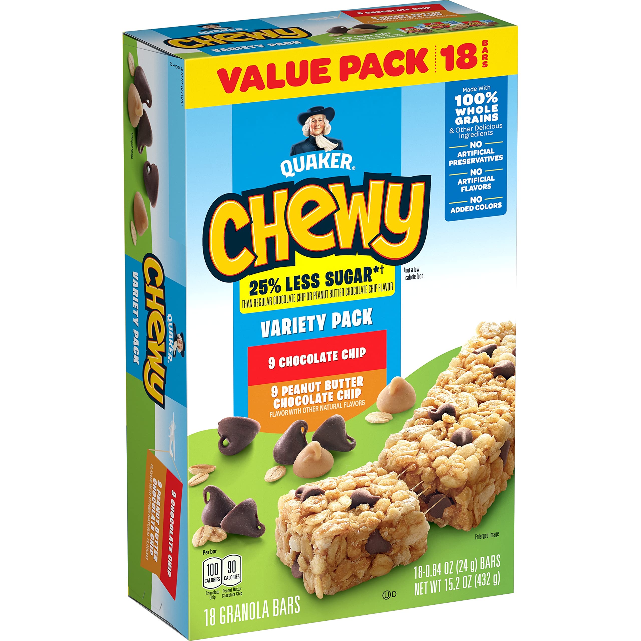 Quaker Chewy Granola Bars 25 percent less sugar chocolate chip close-up highlight real chocolate.