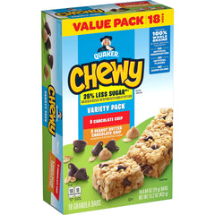 Quaker Chewy Granola Bars 25 percent less sugar chocolate chip close-up highlight real chocolate.