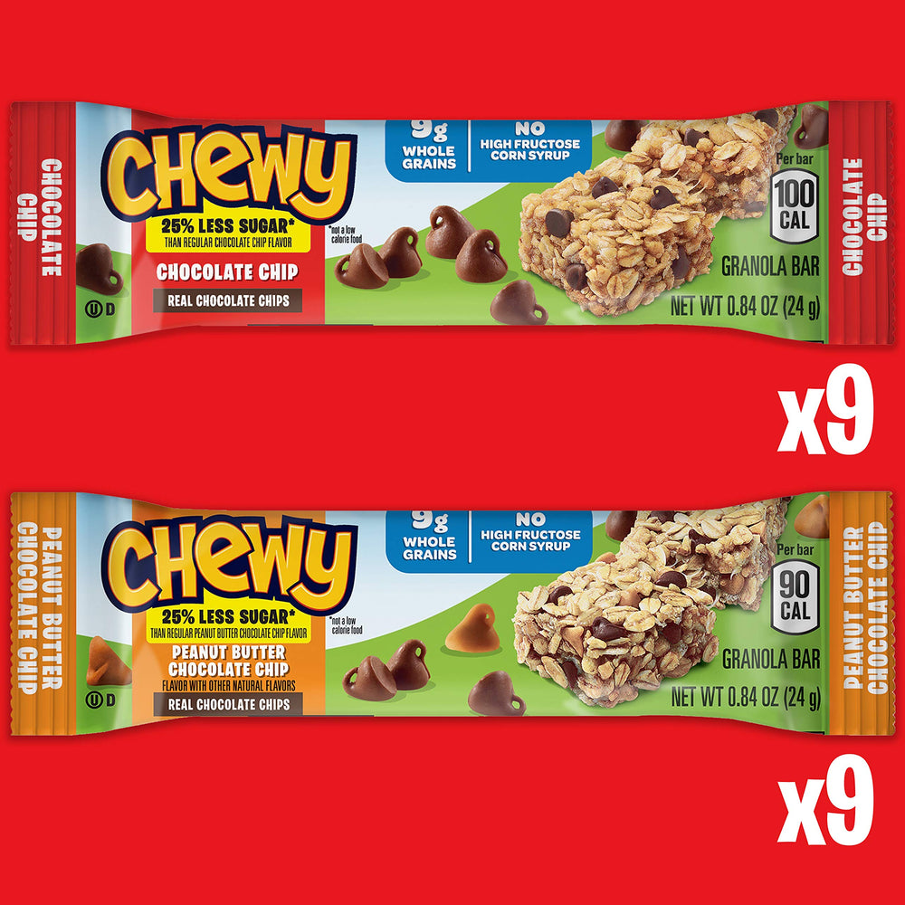 Quaker Chewy Granola Bars 25 percent less sugar peanut butter chocolate chip close-up.