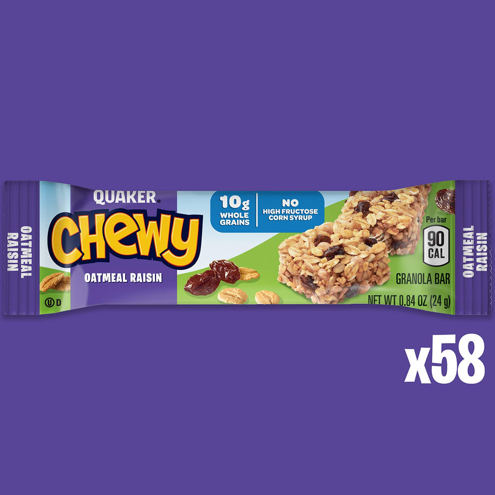 Quaker Chewy Granola Bars 58-count packaging, great for families' lunchboxes.