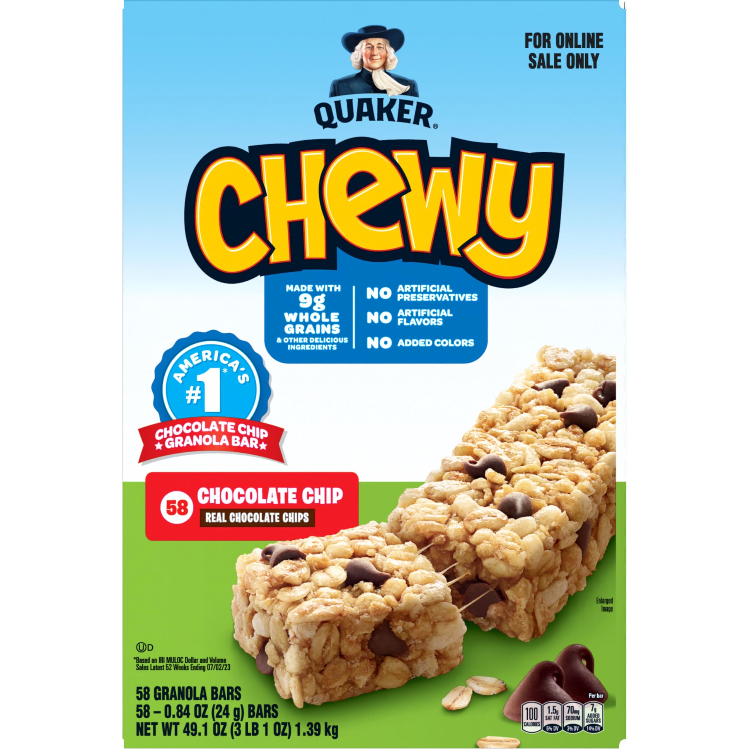 Quaker Chewy Granola Bars Chocolate Chip 9g whole grains detailed on label