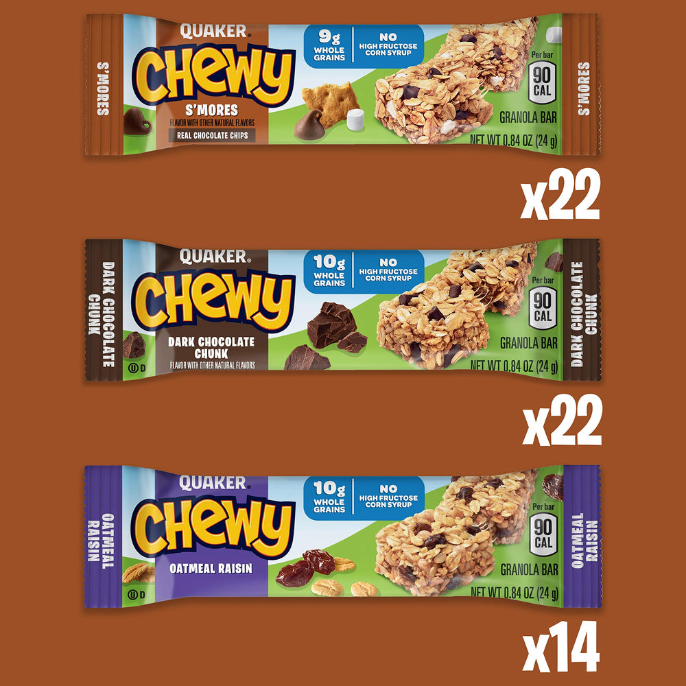 Quaker Chewy Granola Bars Dark Chocolate Chunk bar offers a rich bite after practice.