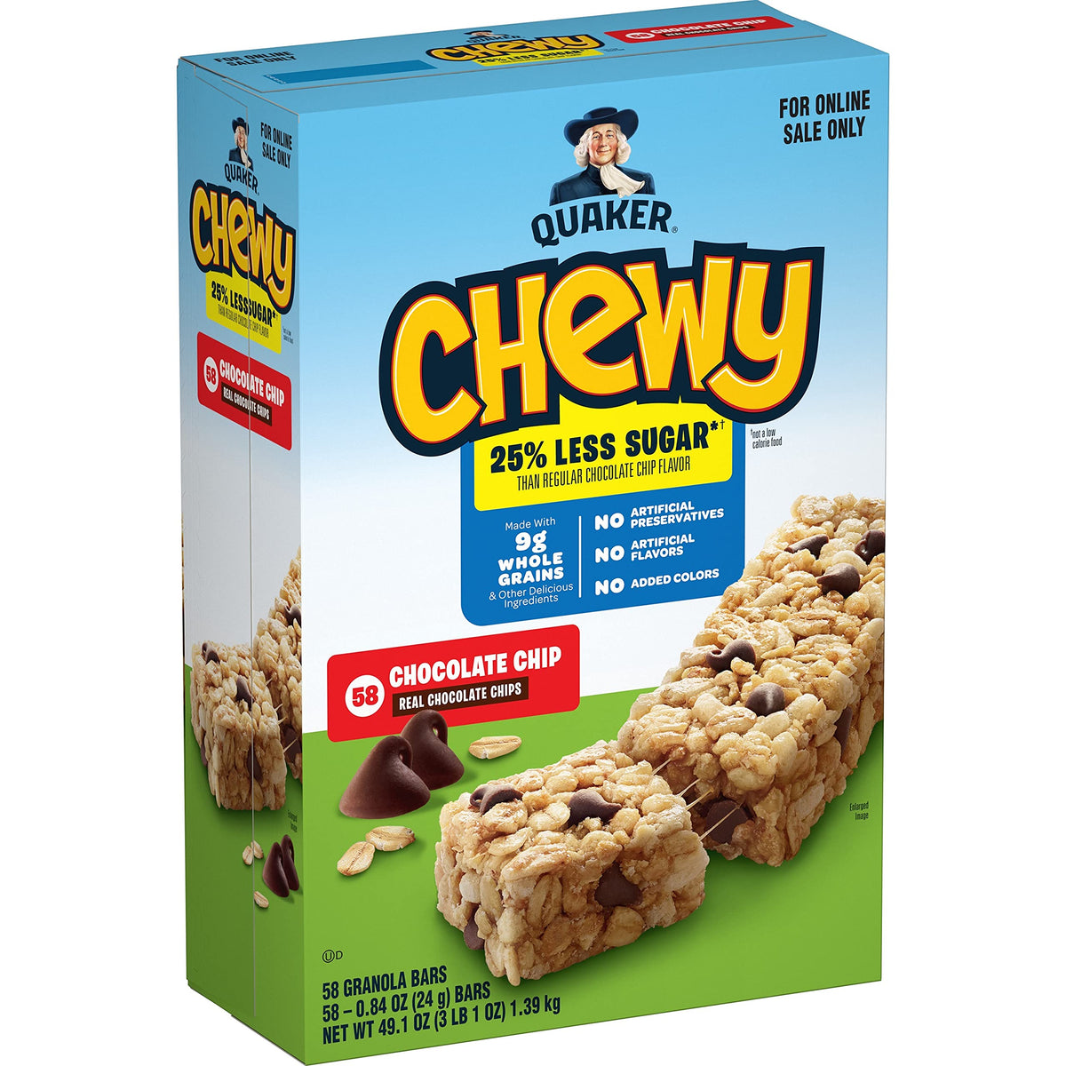 Quaker Chewy Lower Sugar Granola Bars Chocolate Chip packaging, convenient school lunch option.