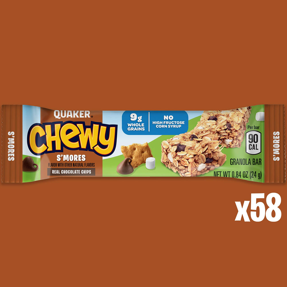Quaker Chewy S'mores bar label highlights 9g whole grains per serving for balanced snacking.