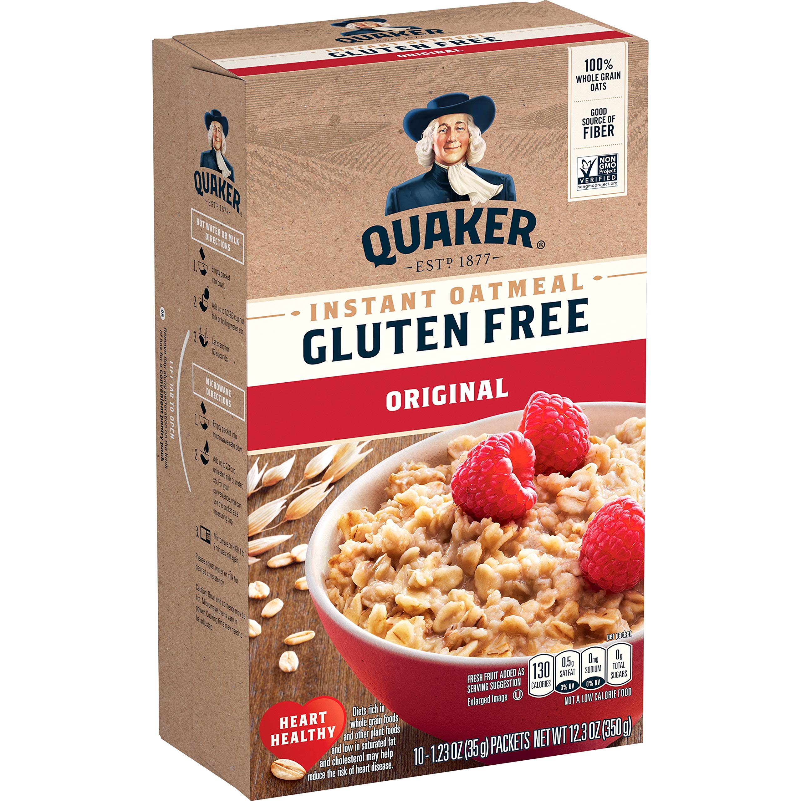 Quaker Instant Oatmeal Original packaging, convenient gluten-free breakfast option.