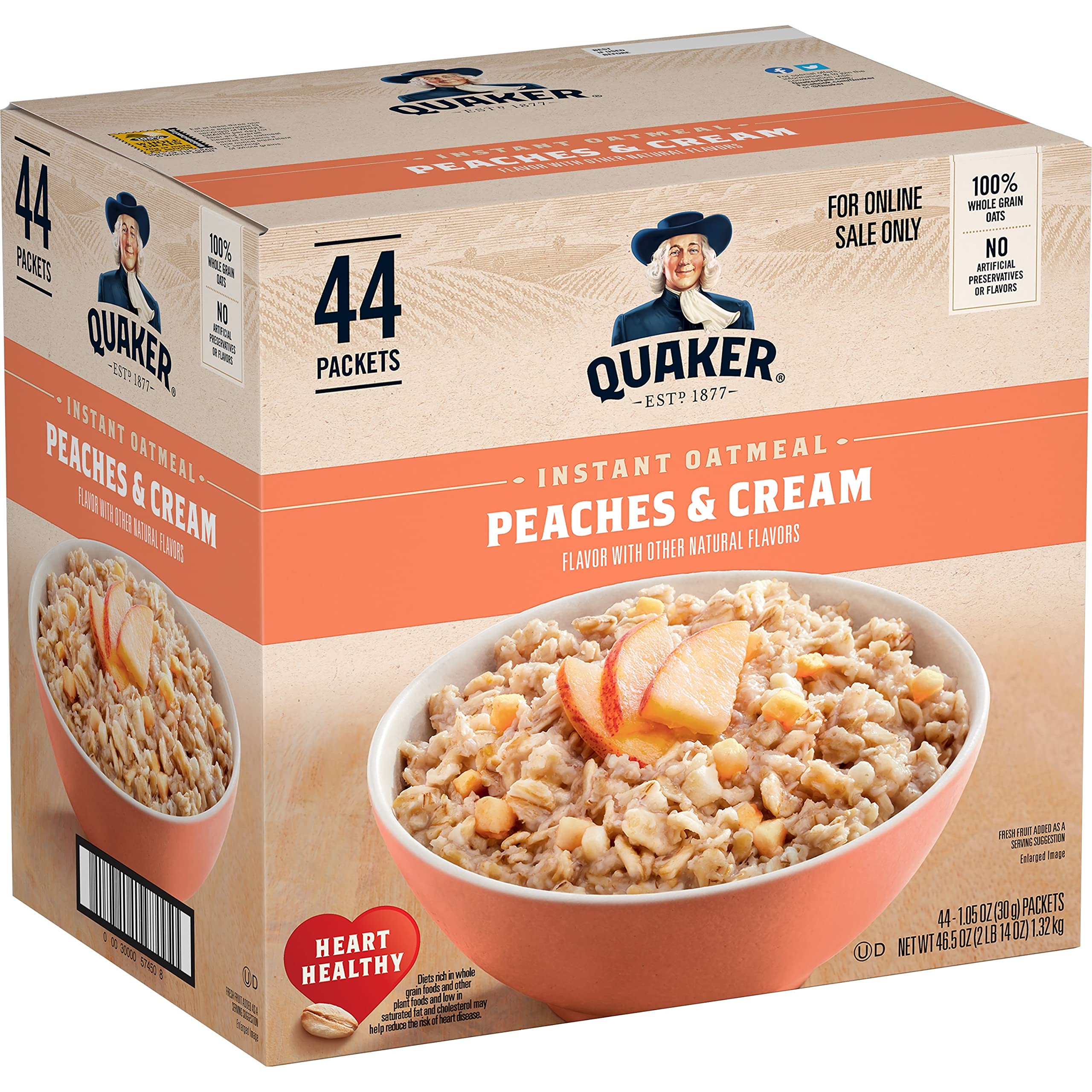 Quaker Instant Oatmeal Peaches & Cream packaging, ideal for quick breakfasts.