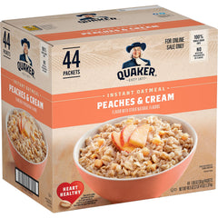Quaker Instant Oatmeal Peaches & Cream packaging, ideal for quick breakfasts.