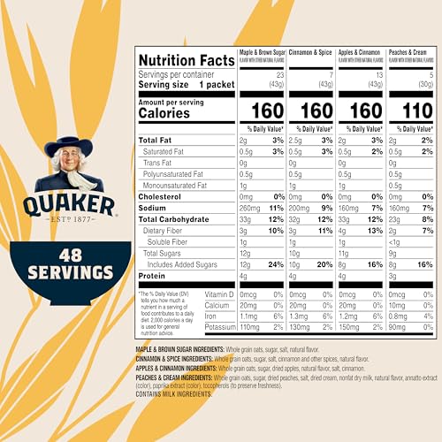 Quaker Instant Oatmeal Variety Pack features 48 single-serve packets for convenient breakfasts