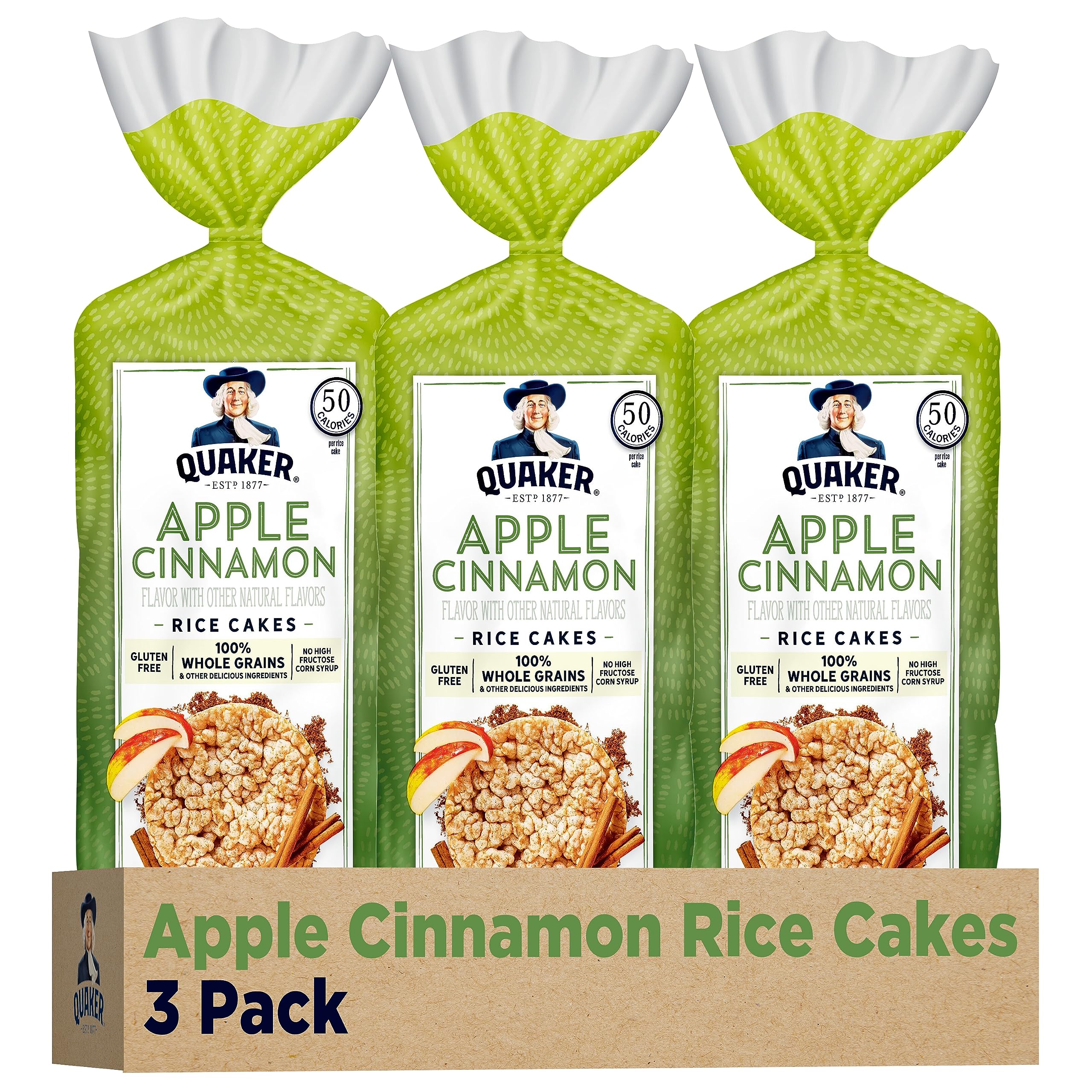 Quaker large rice cakes apple cinnamon pack 3 show crispy, satisfying crunch