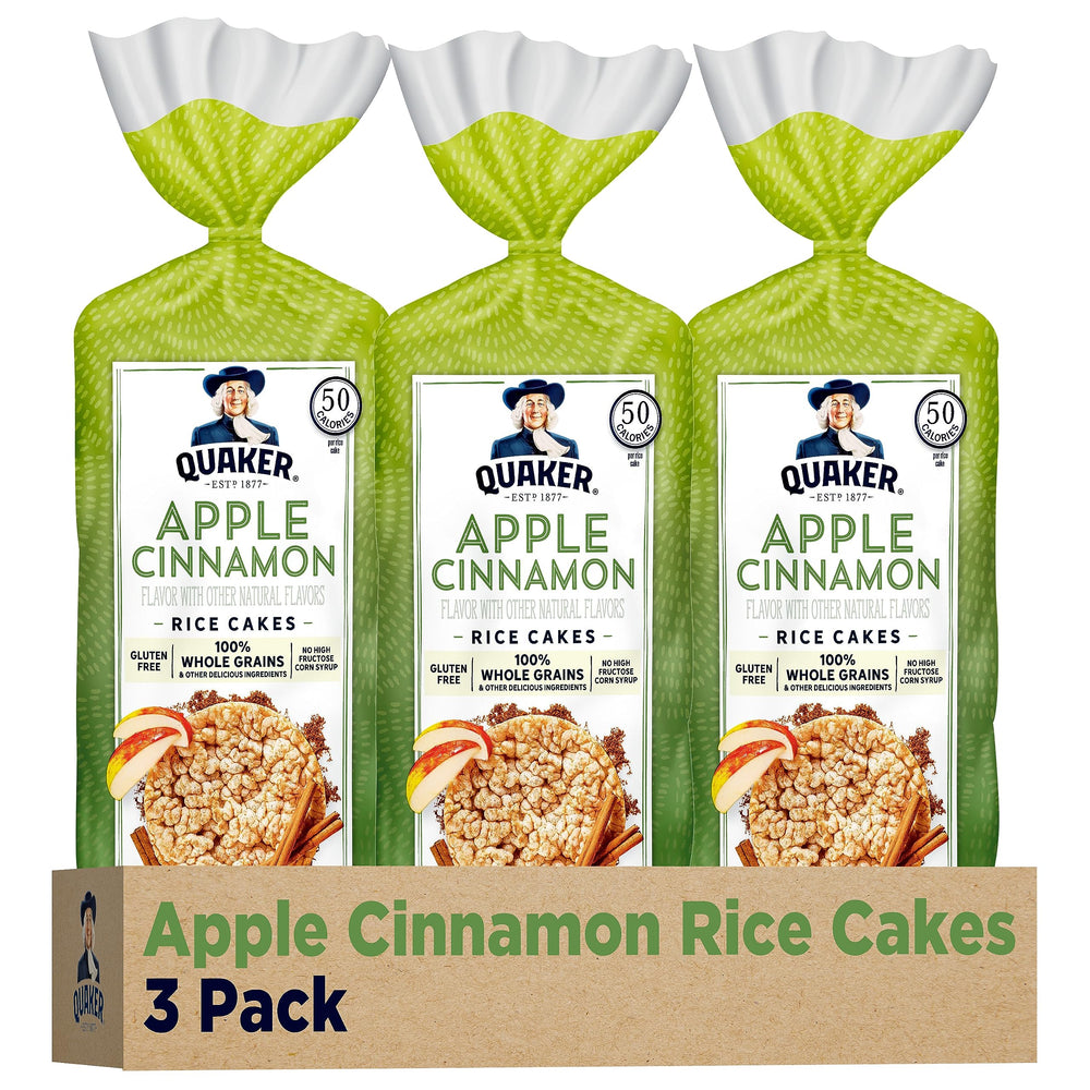 Quaker large rice cakes apple cinnamon pack 3 show crispy, satisfying crunch