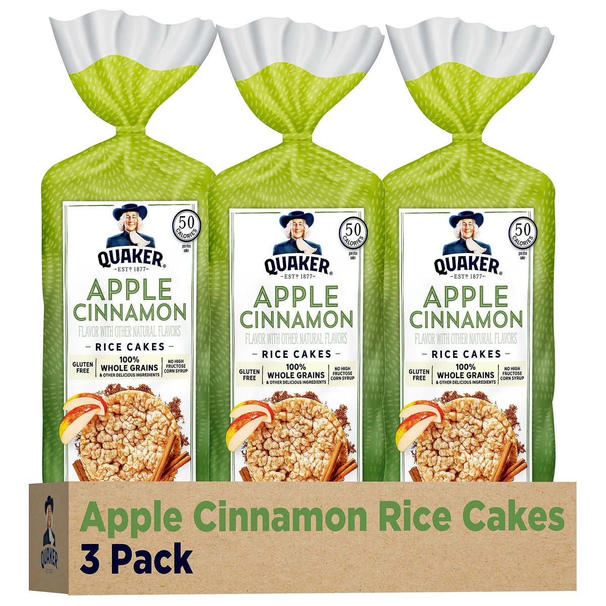 Quaker large rice cakes apple cinnamon pack 3 show crispy, satisfying crunch