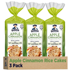 Quaker large rice cakes apple cinnamon pack 3 show crispy, satisfying crunch