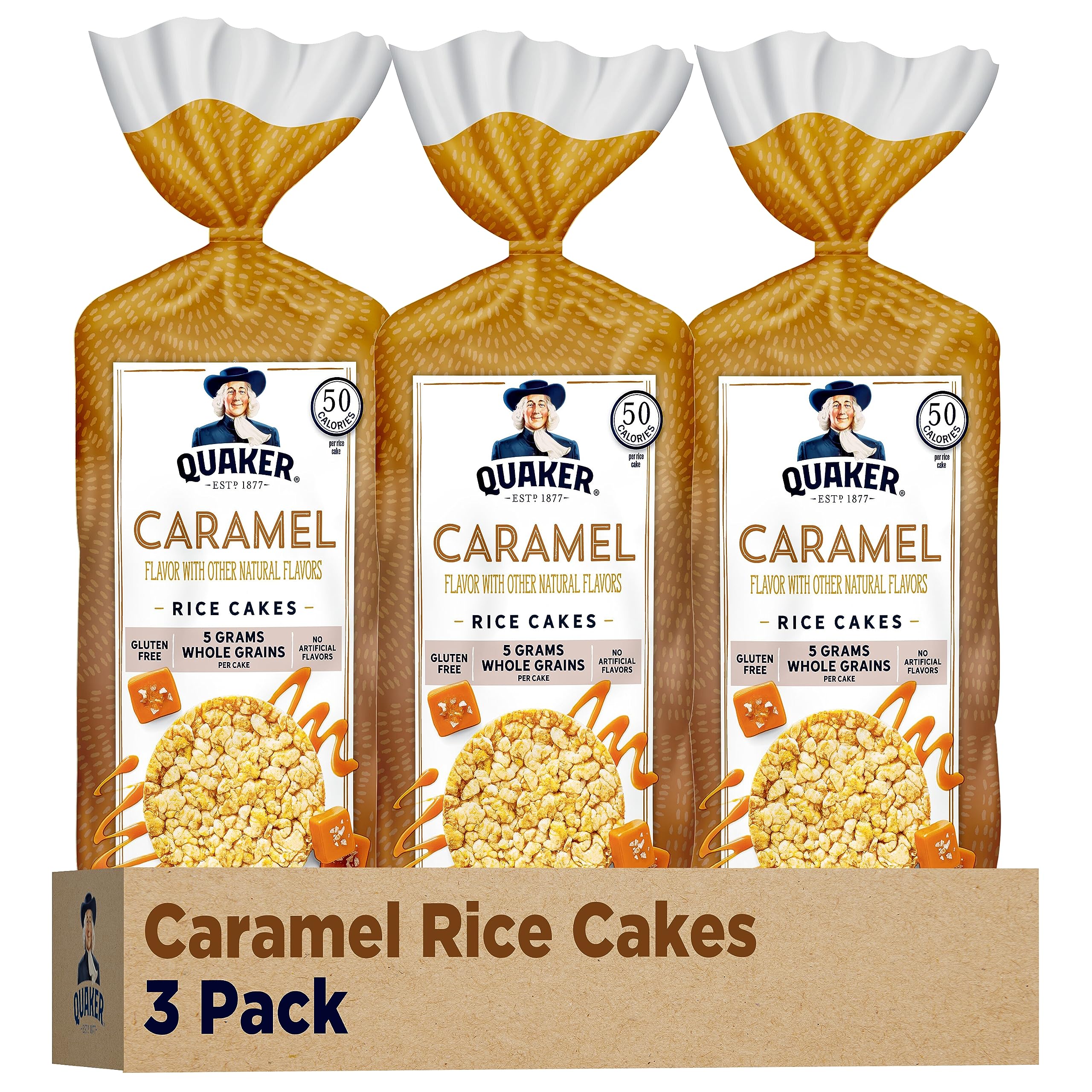 Quaker caramel rice cakes pack of 3 front view, crisp texture ideal with peanut butter