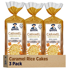 Quaker caramel rice cakes pack of 3 front view, crisp texture ideal with peanut butter