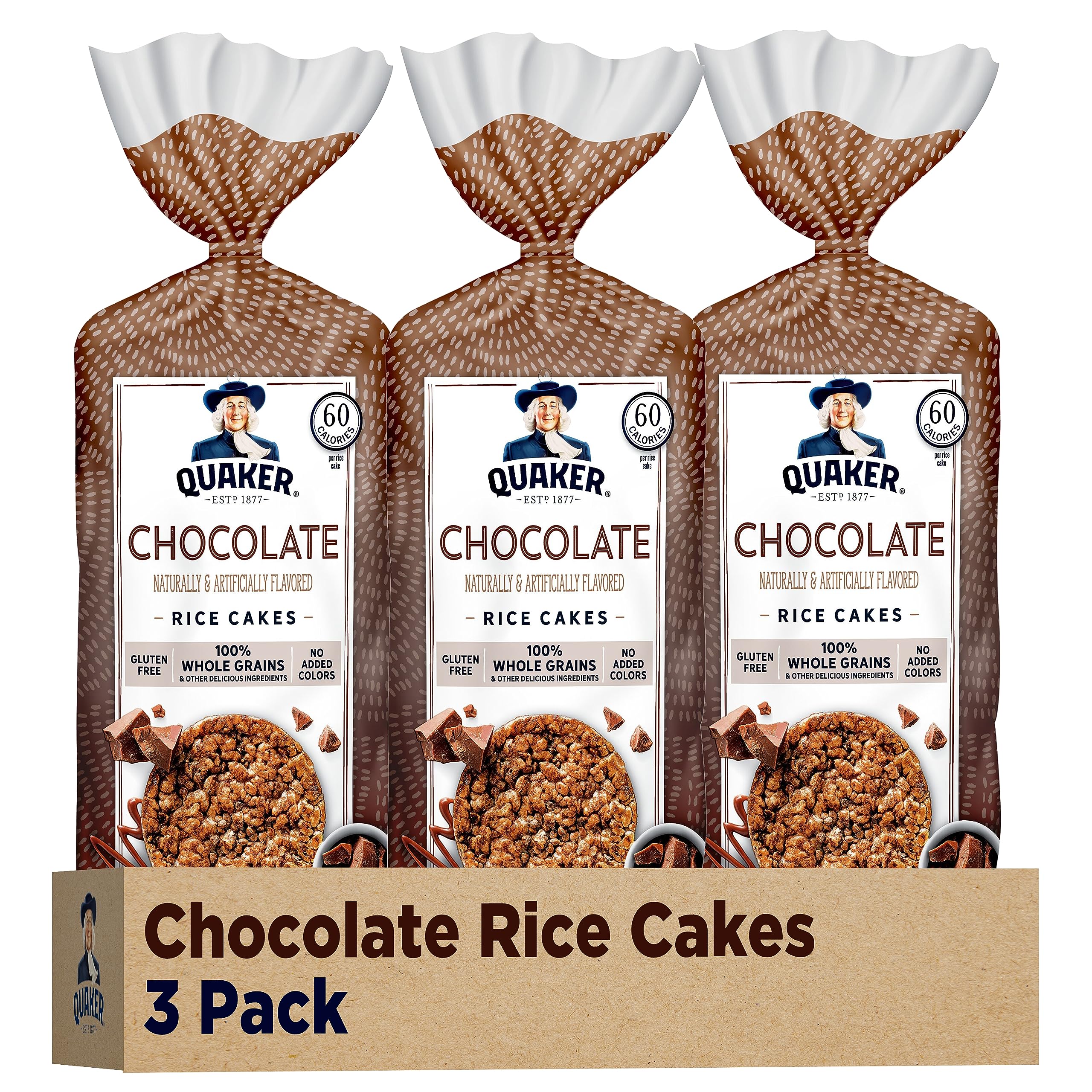 Quaker Large Rice Cakes Chocolate pack shows a gluten-free base for quick snack