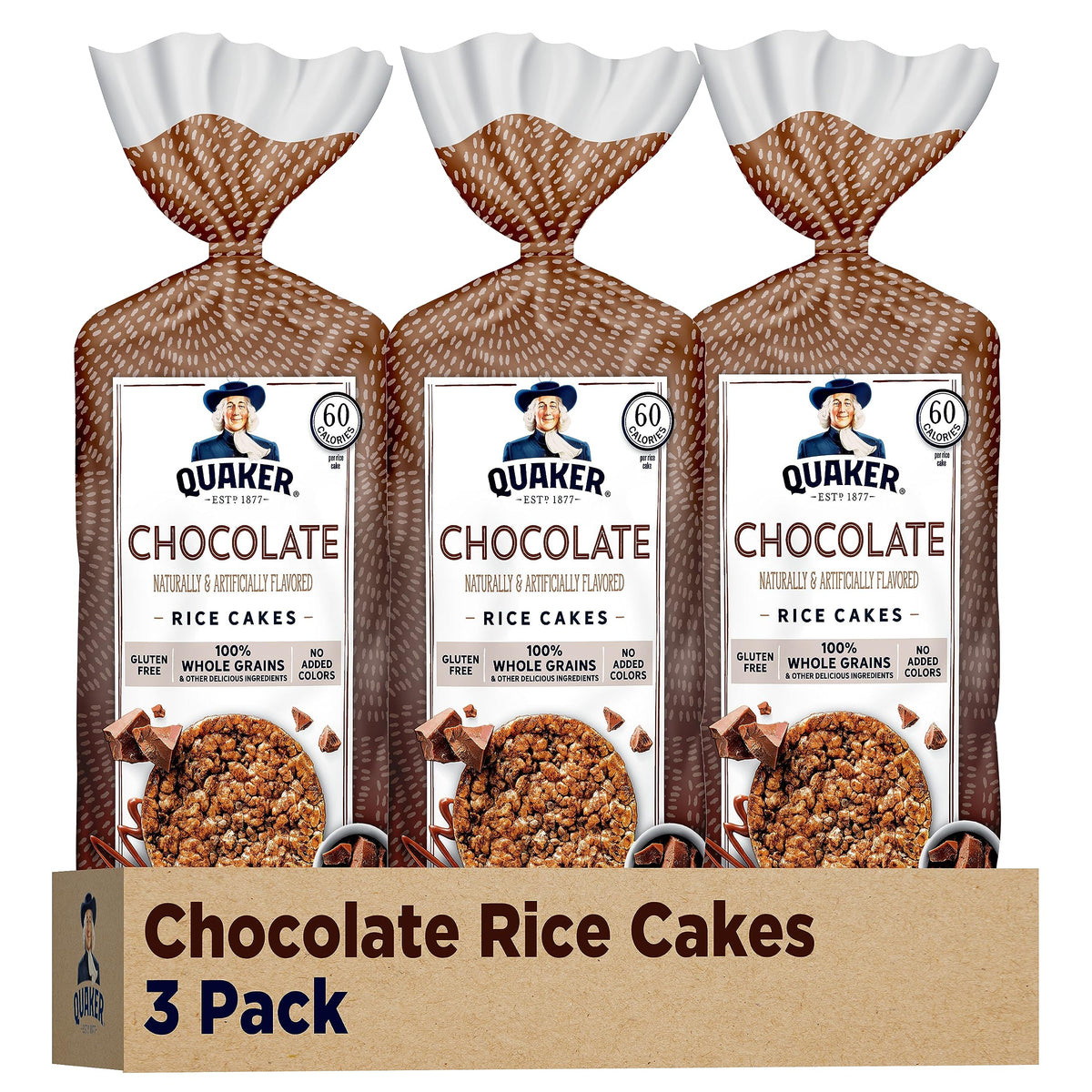 Quaker Large Rice Cakes Chocolate pack shows a gluten-free base for quick snack