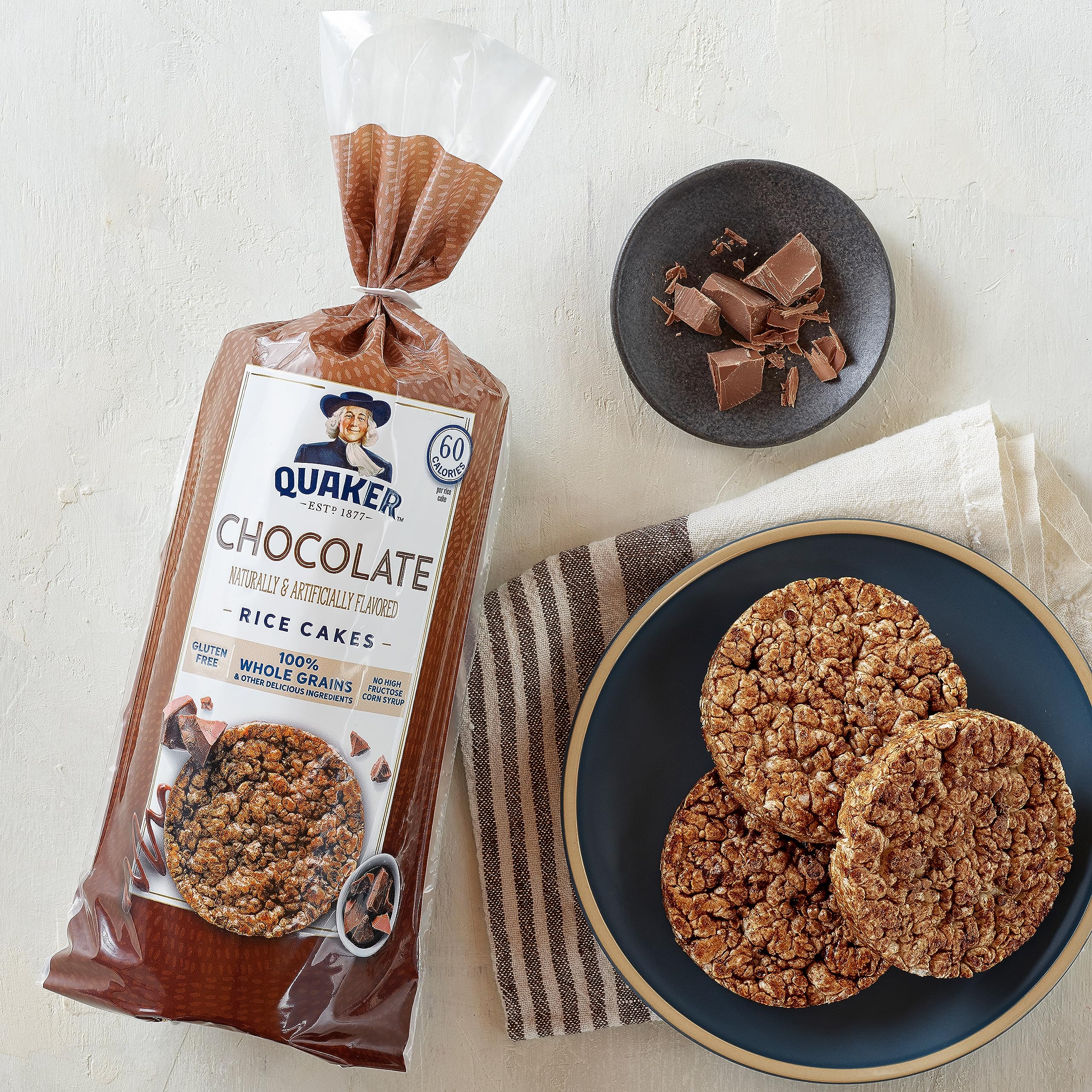 Quaker Large Rice Cakes Chocolate serving idea with toppings and fruit
