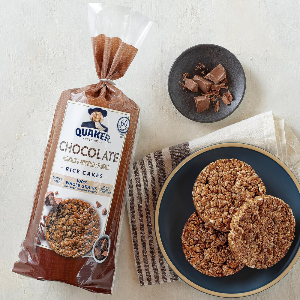 Quaker Large Rice Cakes Chocolate serving idea with toppings and fruit