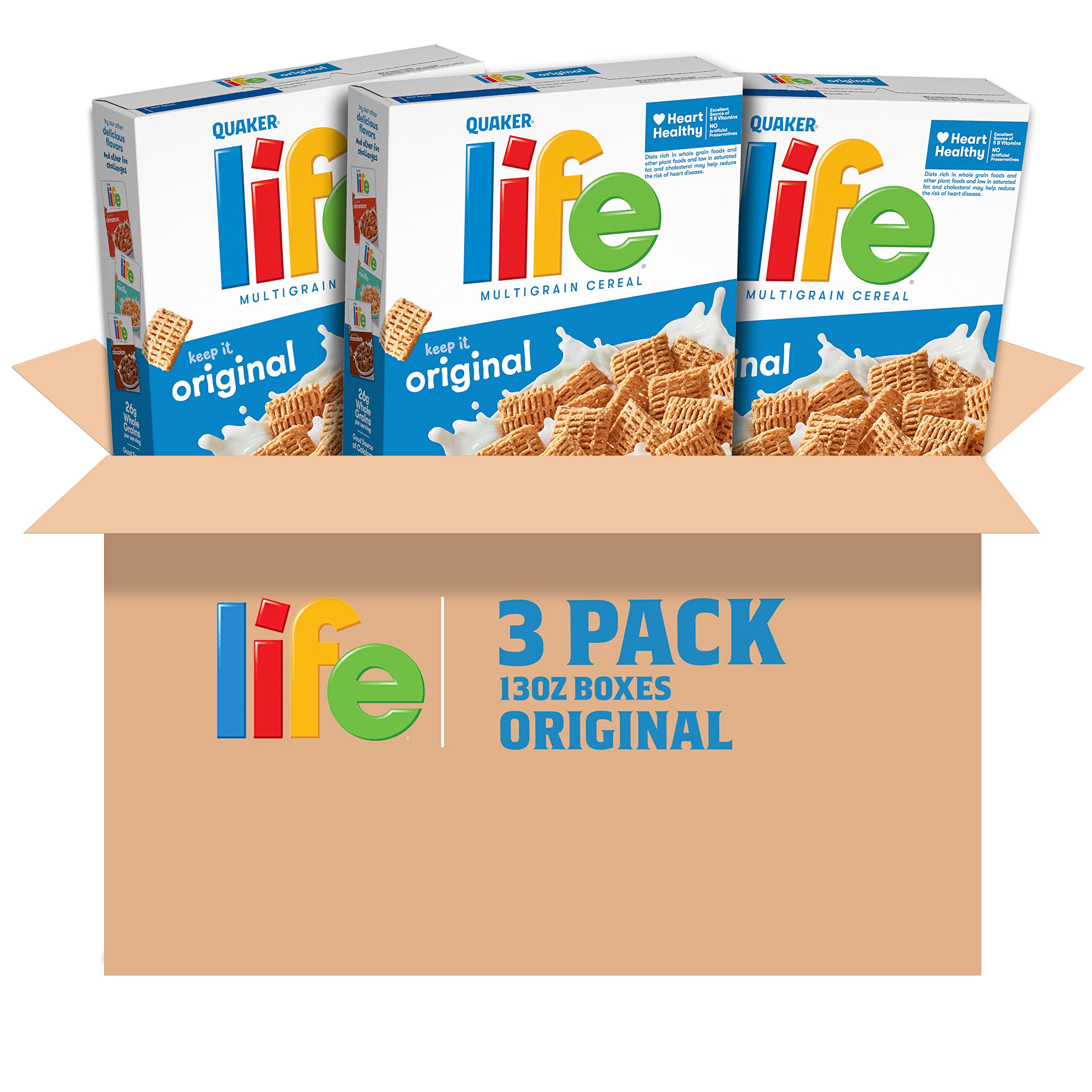 Quaker Life Cereal Original three-pack boxes displayed for easy morning planning