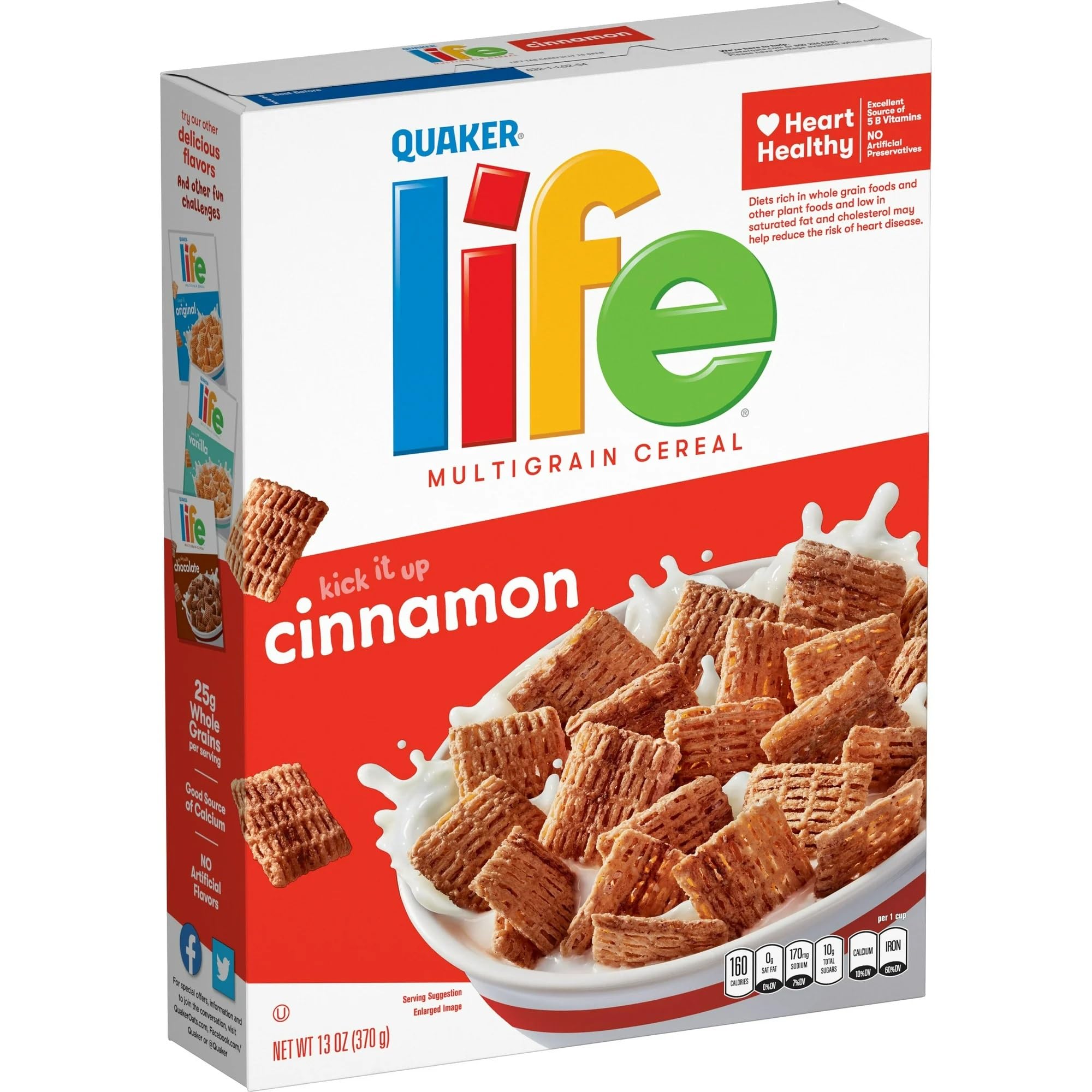 Quaker Life Multigrain Cinnamon cereal box—5 B vitamins per serving.