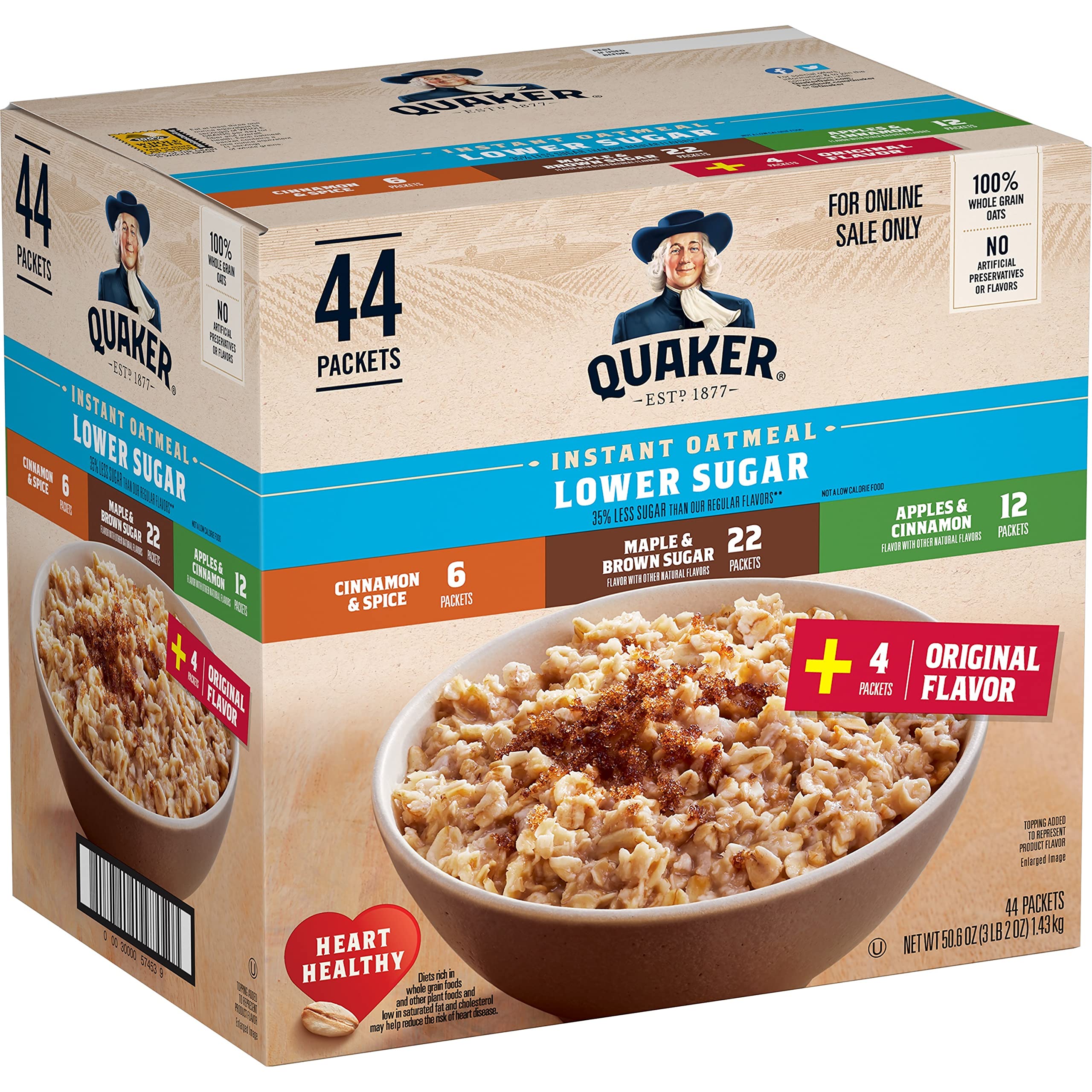 Quaker Lower Sugar Original packet, quick fiber start for busy mornings