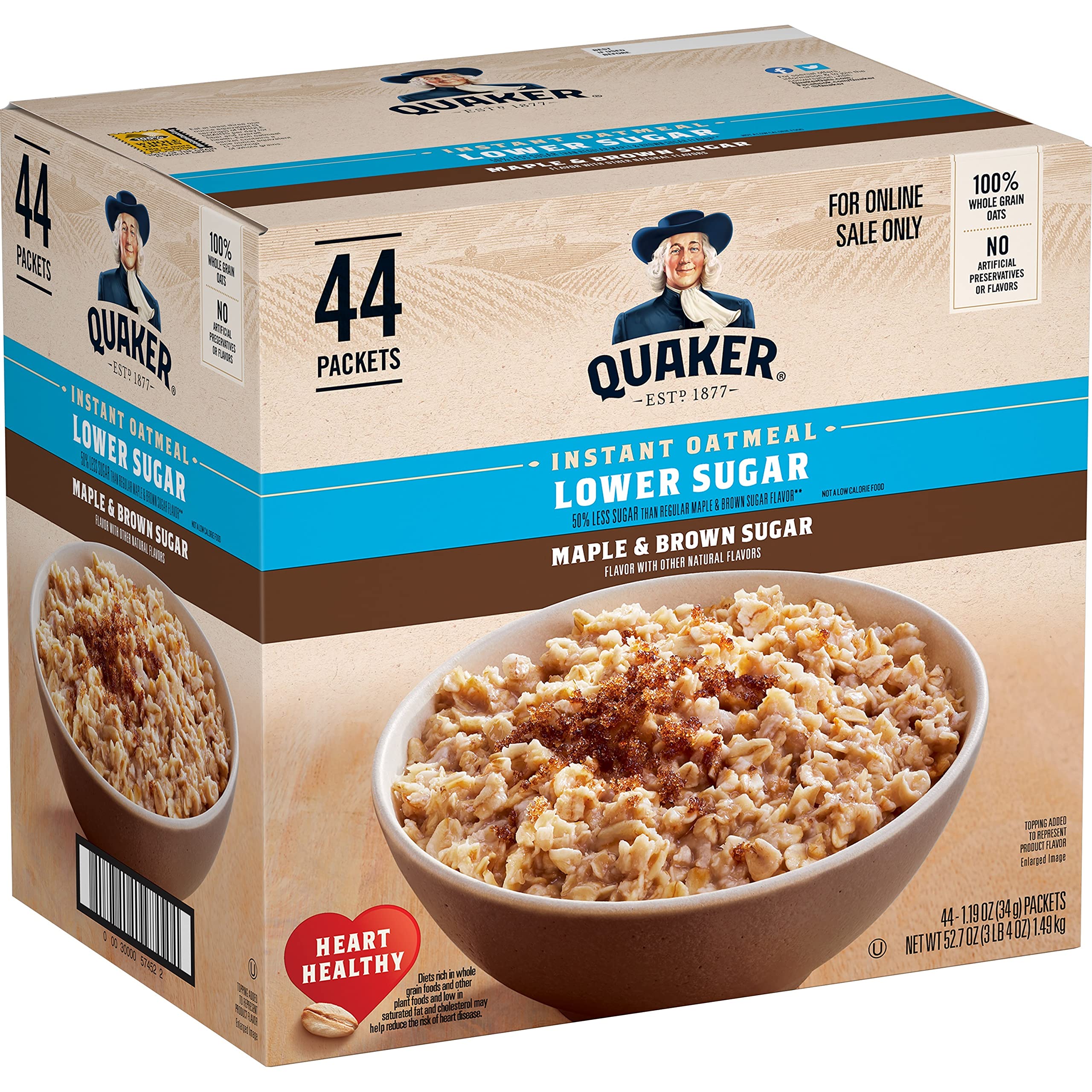 Quaker Lower Sugar Maple & Brown Sugar oatmeal box for quick breakfasts