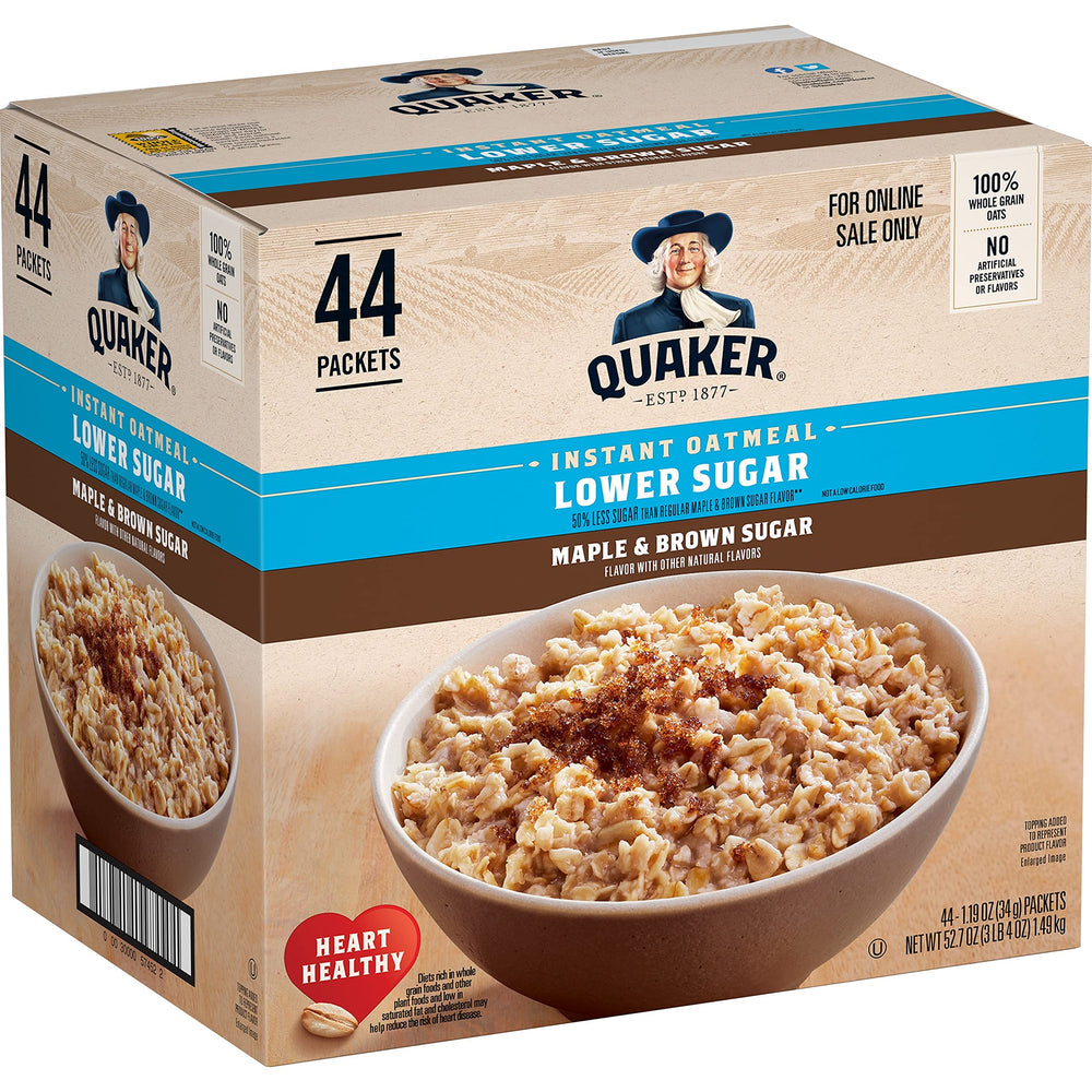 Quaker Lower Sugar Maple & Brown Sugar oatmeal box for quick breakfasts