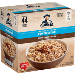 Quaker Lower Sugar Maple & Brown Sugar oatmeal box for quick breakfasts