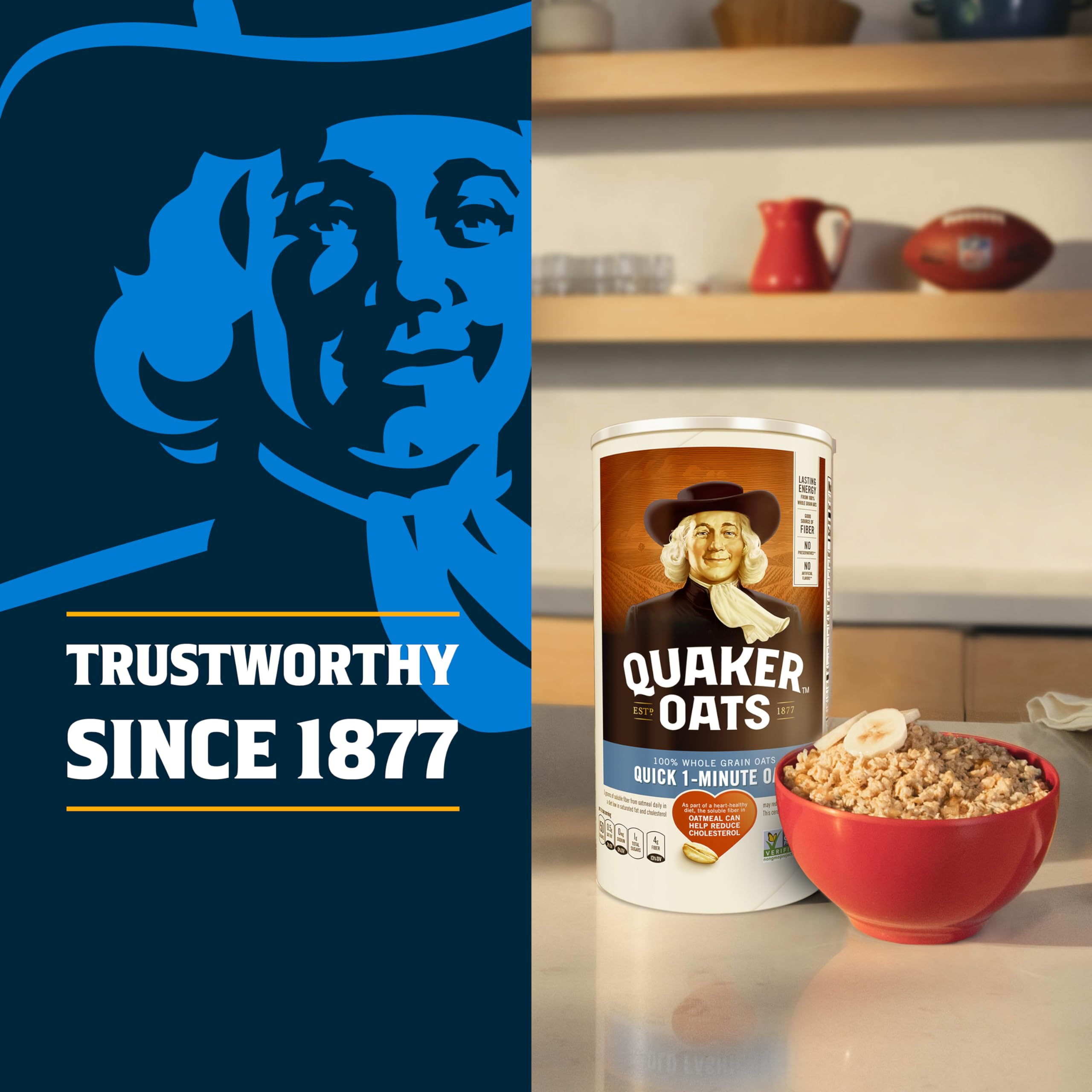 Quaker oats showcasing 100% whole grains for heart-friendly mornings.