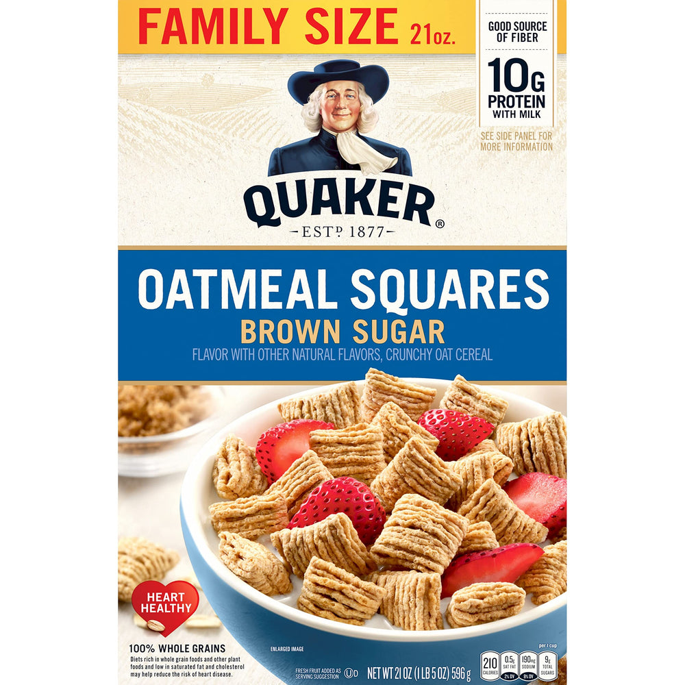 Quaker Oatmeal Squares bowl with milk showing a fiber-rich morning option.