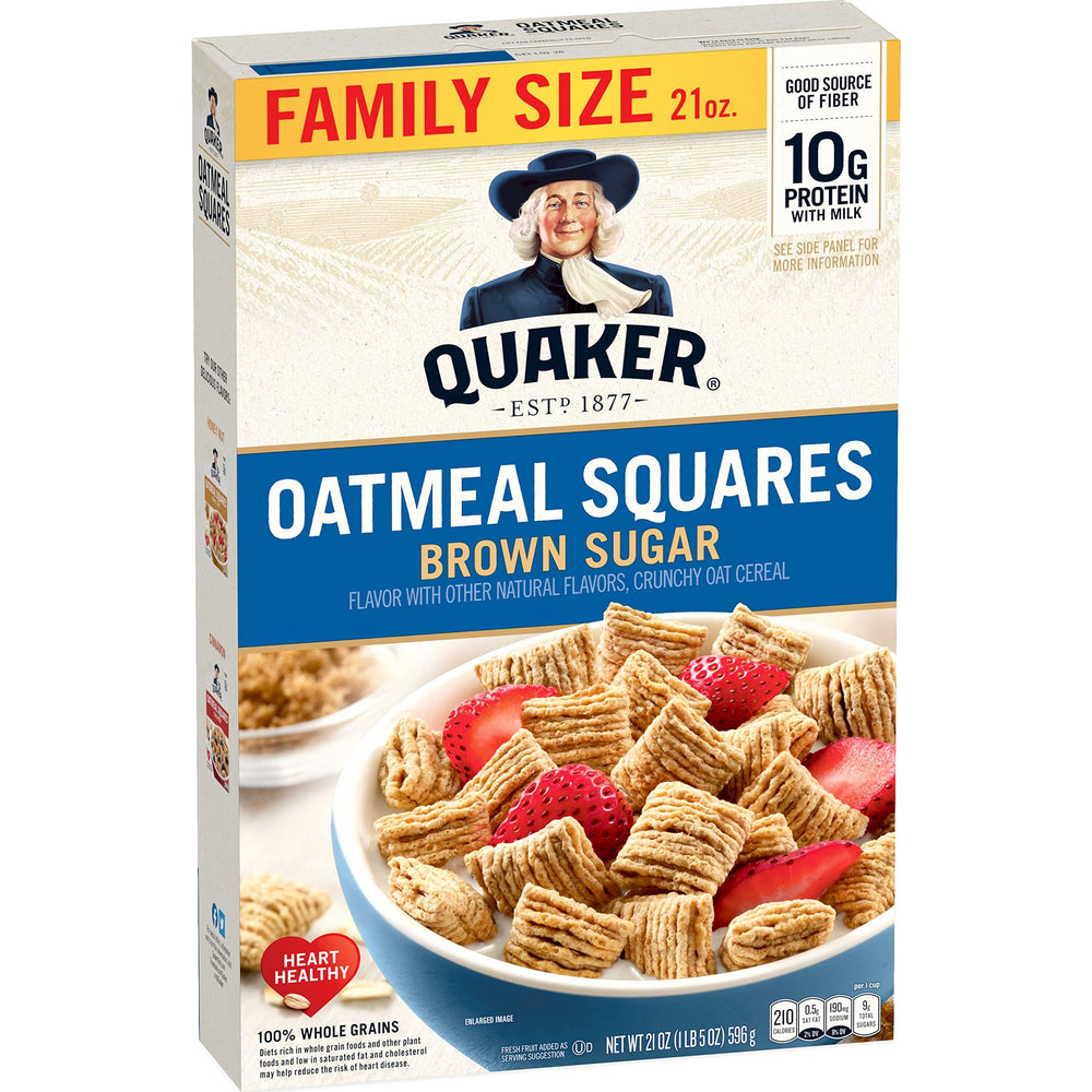 Quaker Oatmeal Squares Brown Sugar box front for a quick energy boost.