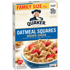Quaker Oatmeal Squares Brown Sugar box front for a quick energy boost.