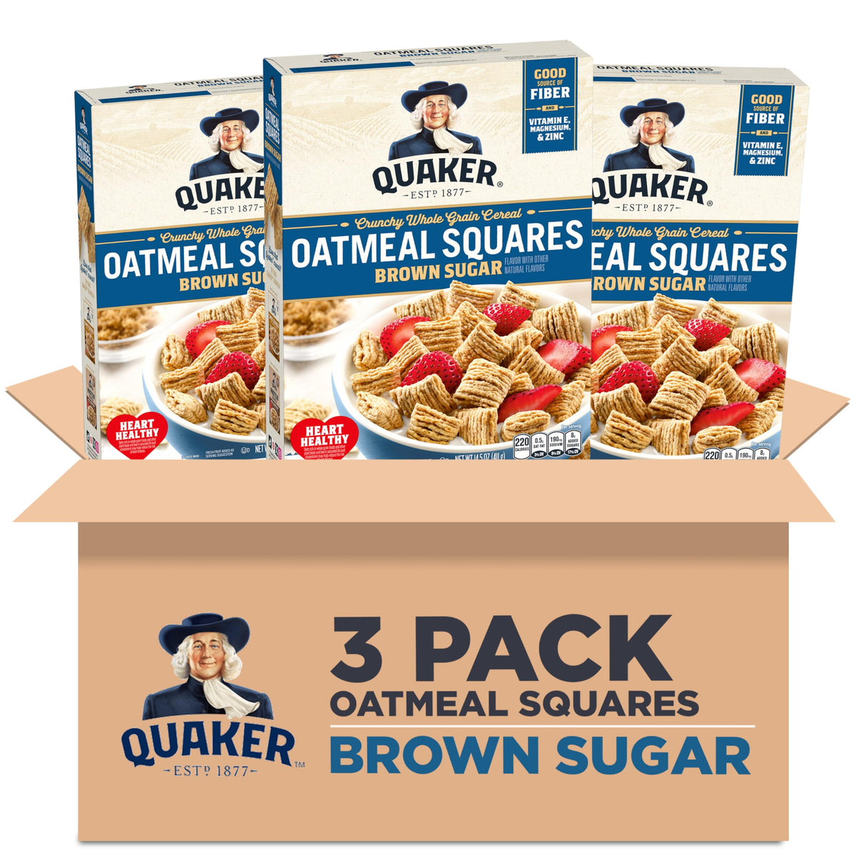 Quaker Oatmeal Squares packaging highlighting whole grains for a quick breakfast.