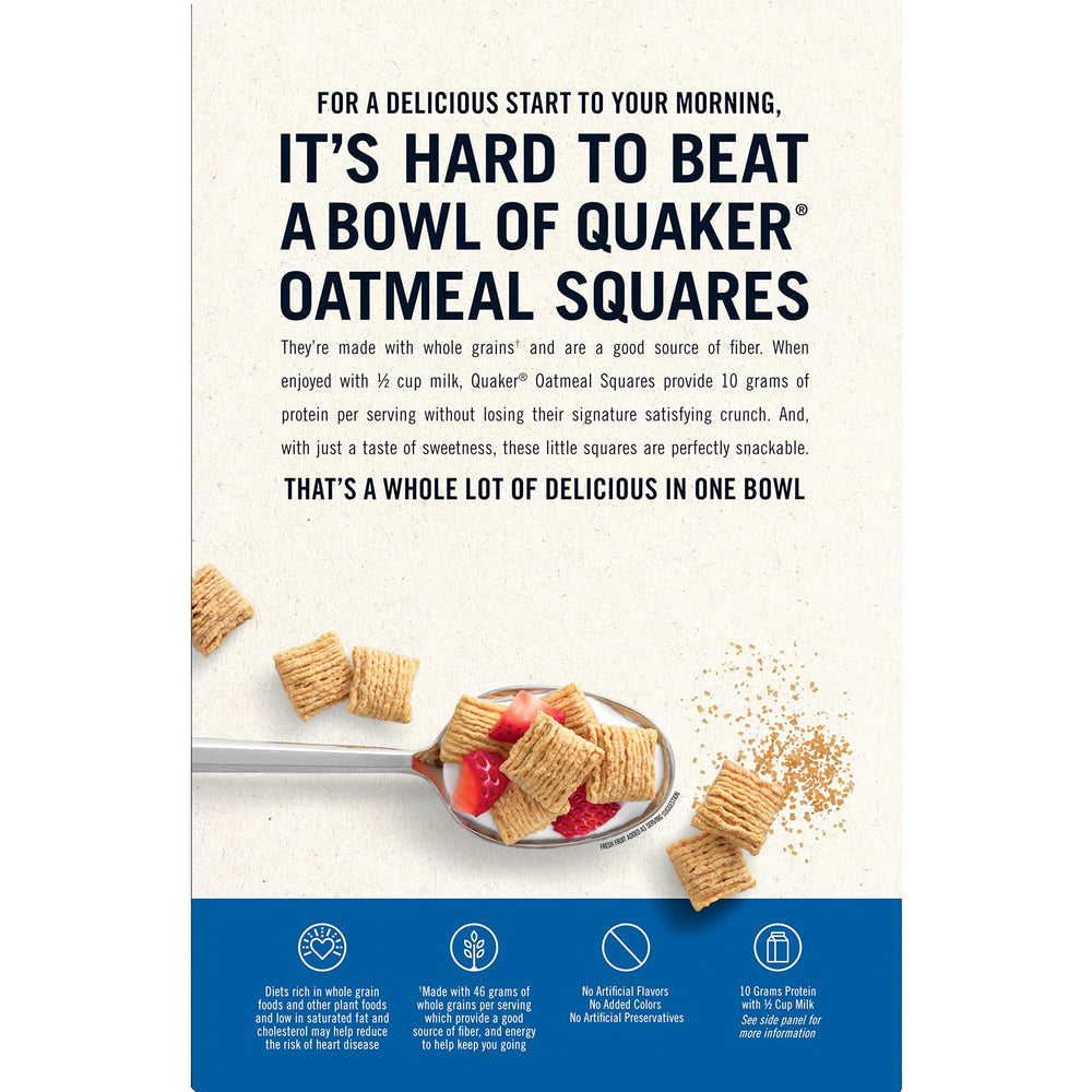 Quaker Oatmeal Squares brown sugar packaging on kitchen counter, easy morning staple.