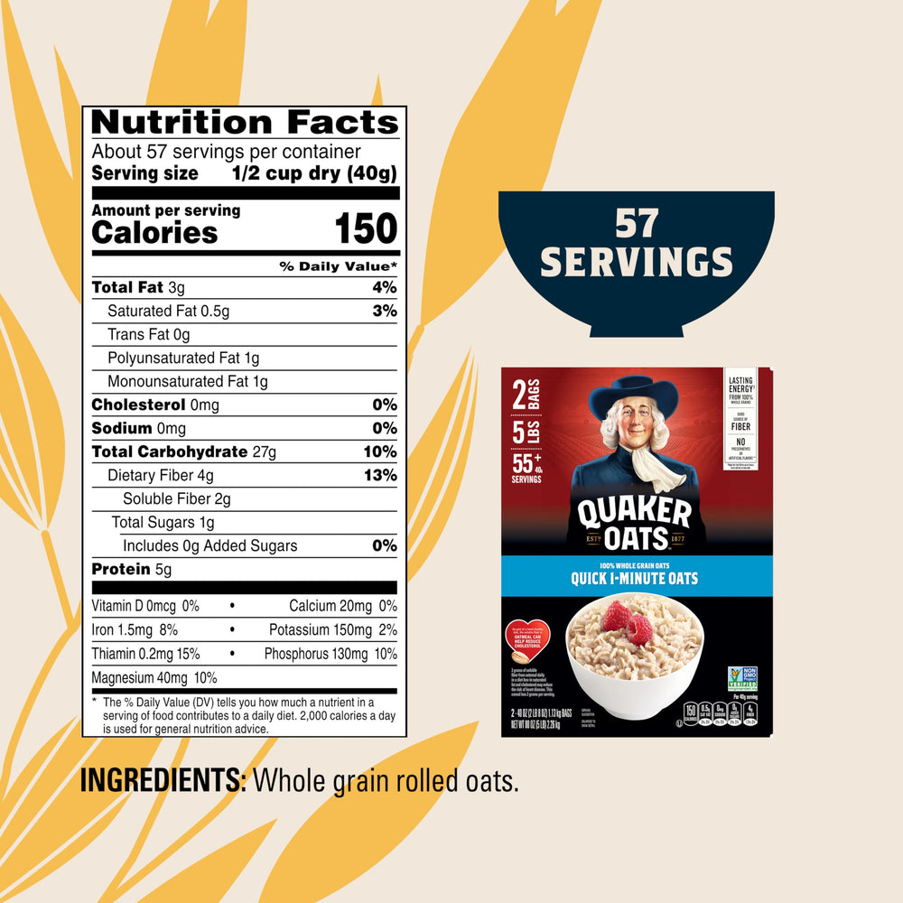 Fiber-rich Quaker oats supporting daily digestion and fullness.