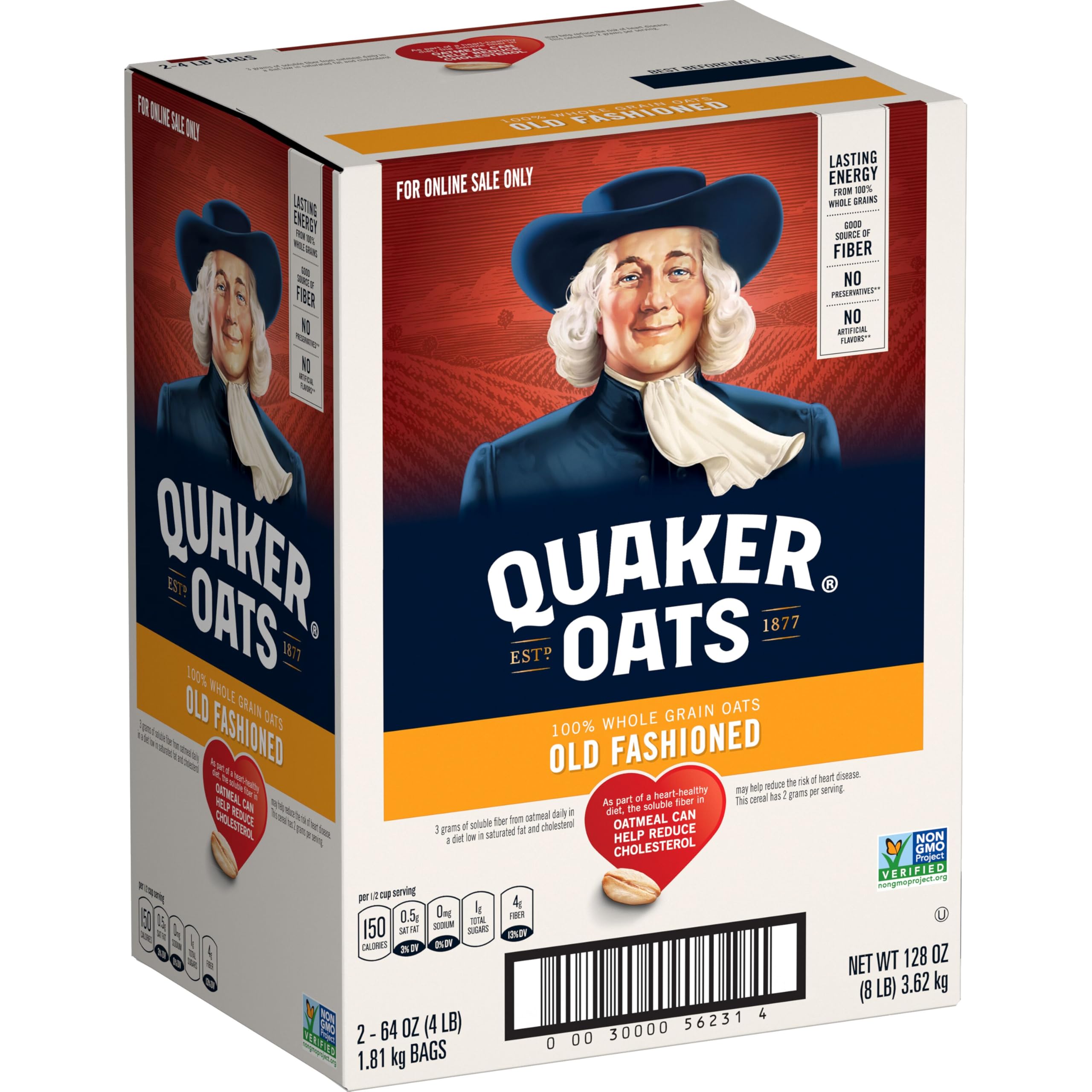 Quaker Old Fashioned Oats box front for quick, everyday breakfasts.