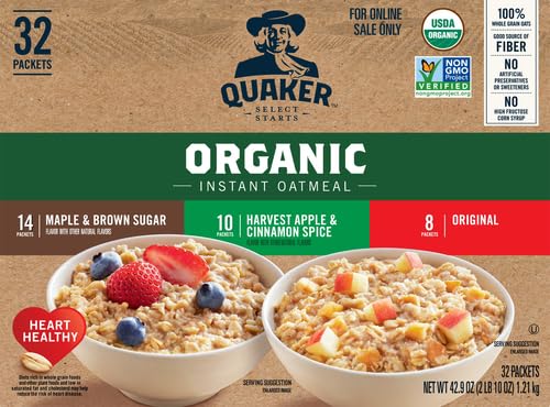 Quaker Organic Instant Oatmeal variety pack showcases three flavors for quick breakfasts