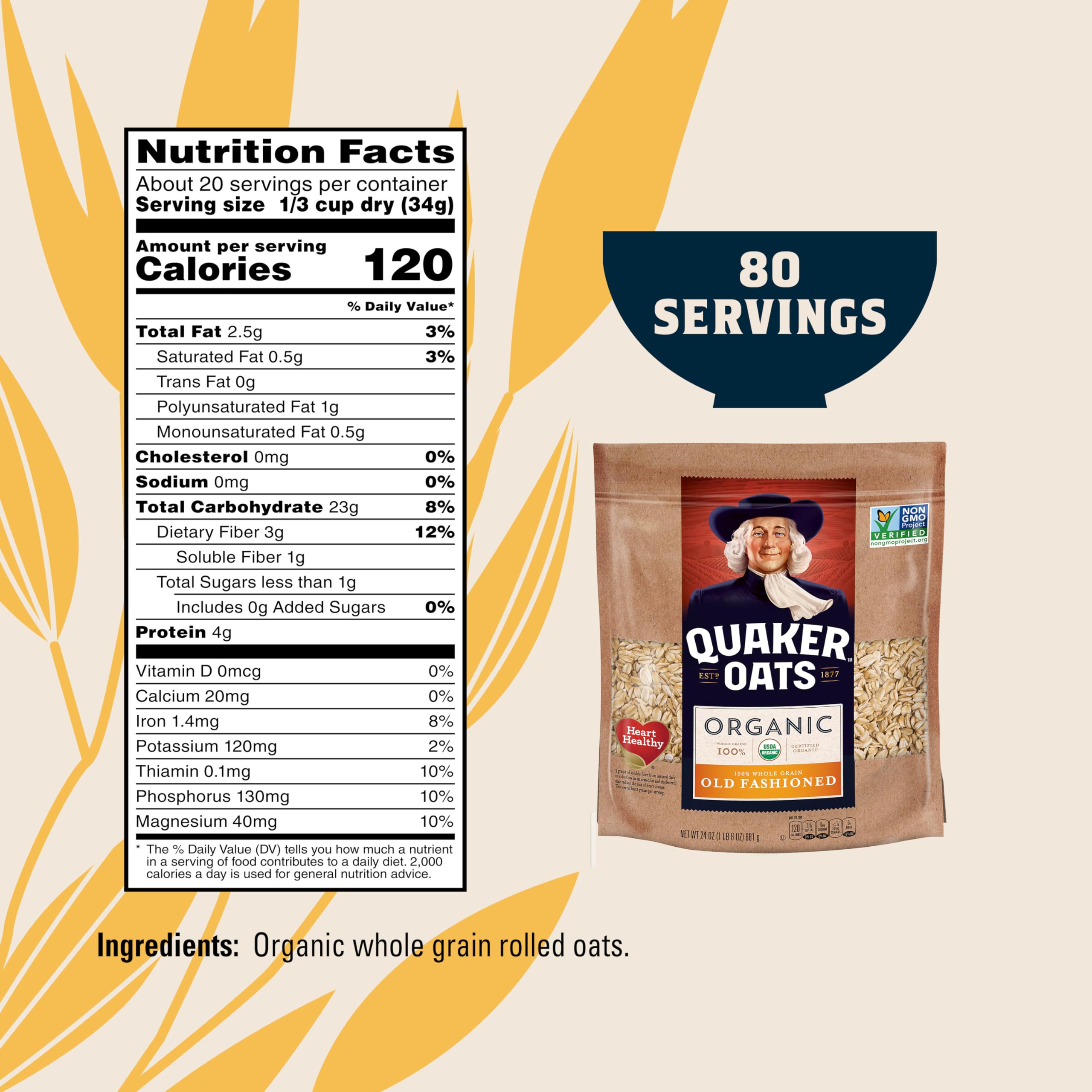 Quaker Organic Oats with USDA Organic badge showing clean ingredients.
