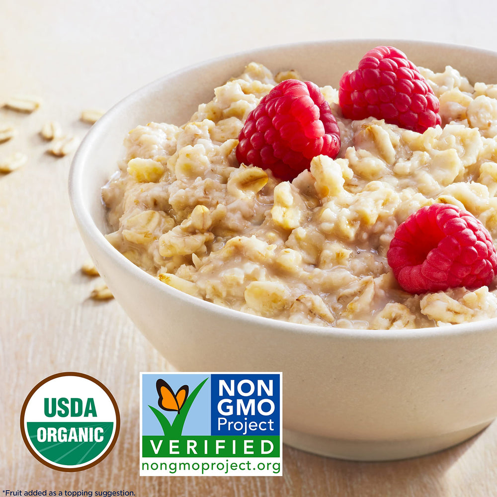 Quaker Organic Regular Oatmeal bowl with fruit topping for a wholesome start.